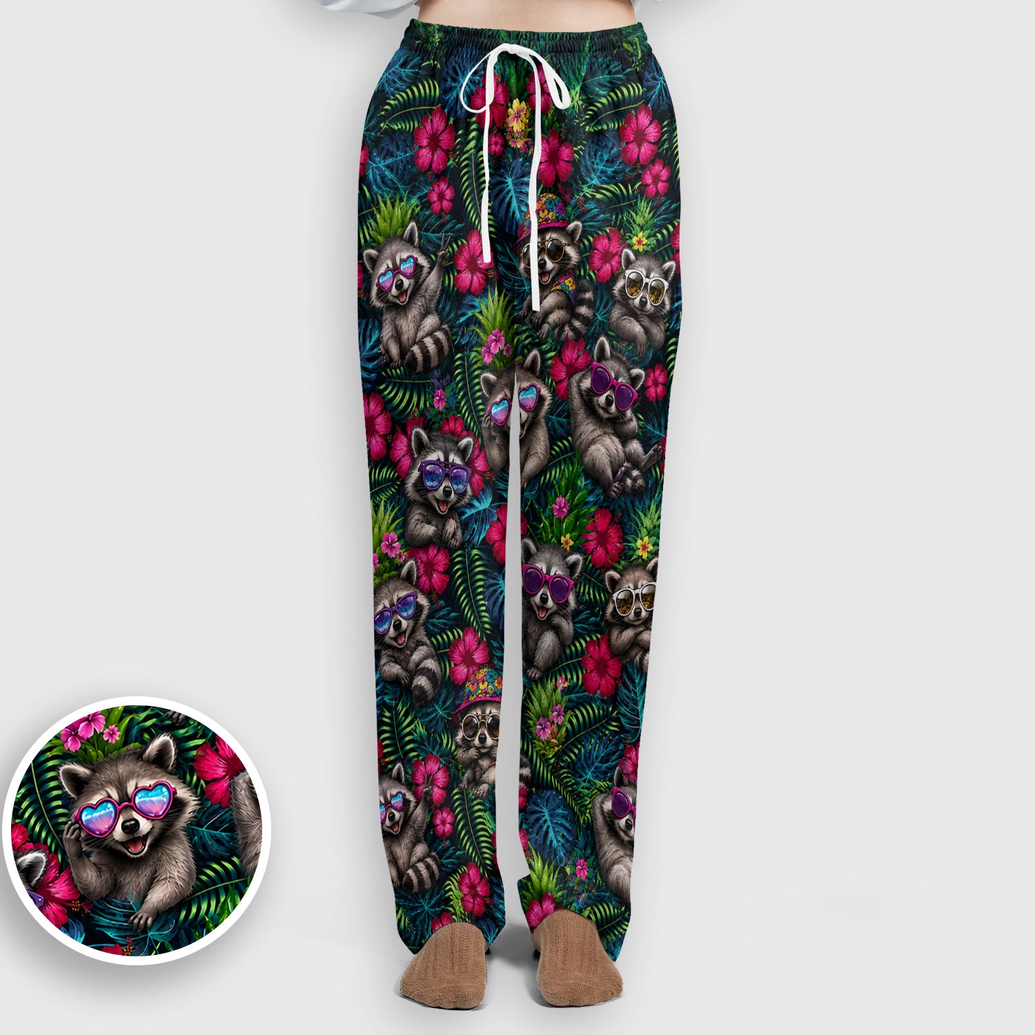 Tropical Raccoon Nurse Floral Pattern Scrub Set, Scrub Pants and V Neck Top
