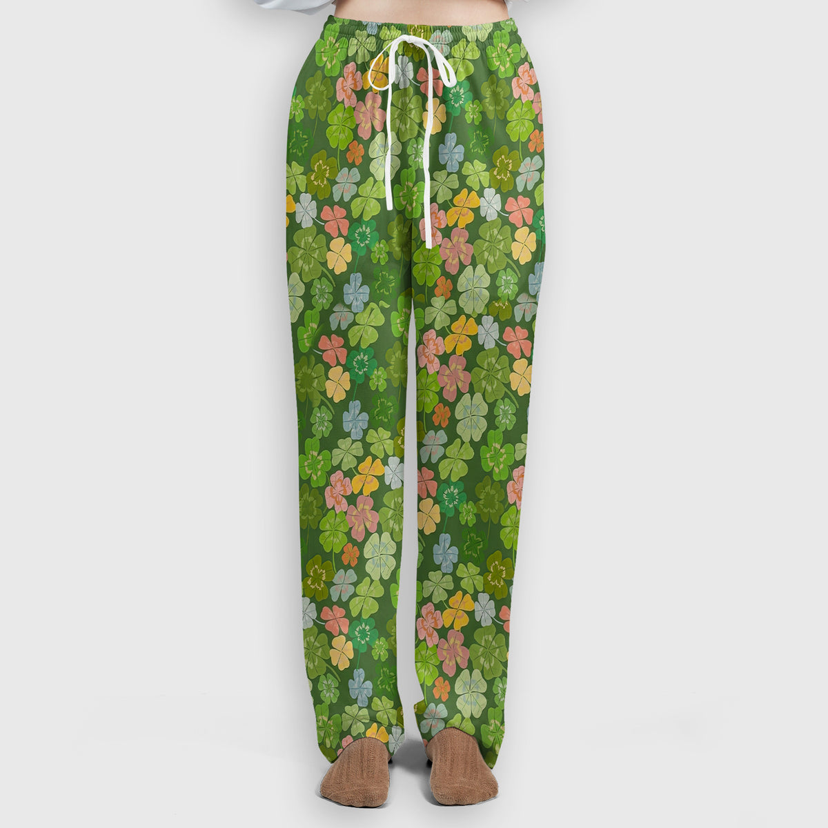 Colorful Shamrock Clover Pattern Scrubs Sets, Scrub Pants and V Neck Top