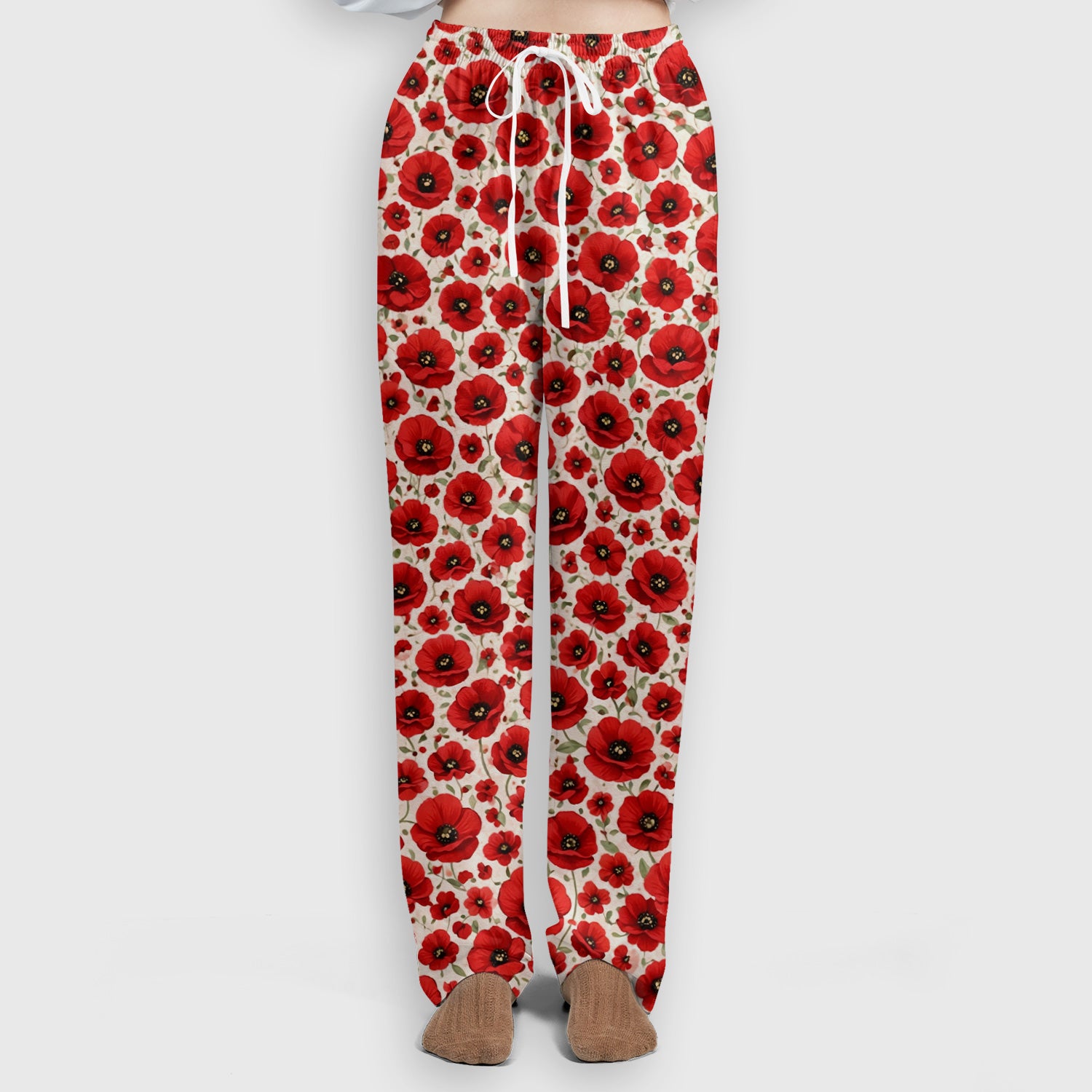 Pretty Red Poppy Flower Garden Pattern Scrub Set, Scrub Pants and V Neck Top