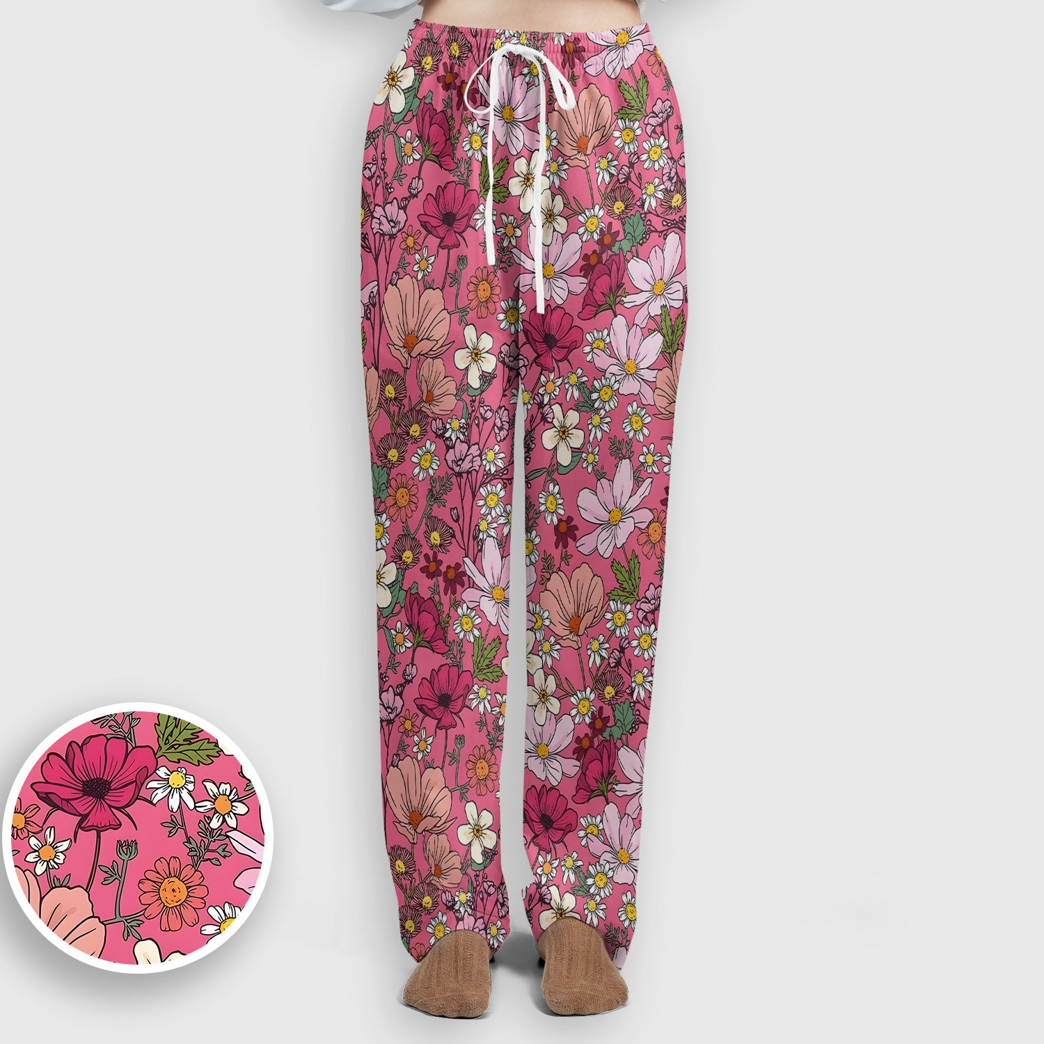 Pink Daisy Wildflower Nurse Pattern Scrub Set, Scrub Pants and V Neck Top