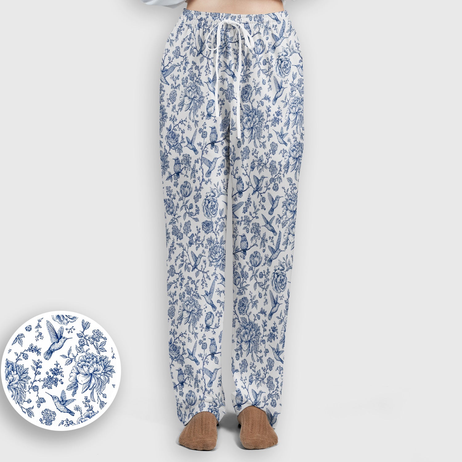 Blue Toile Hummingbird Floral Pattern Scrub Set, Scrub Pants and V Neck Top