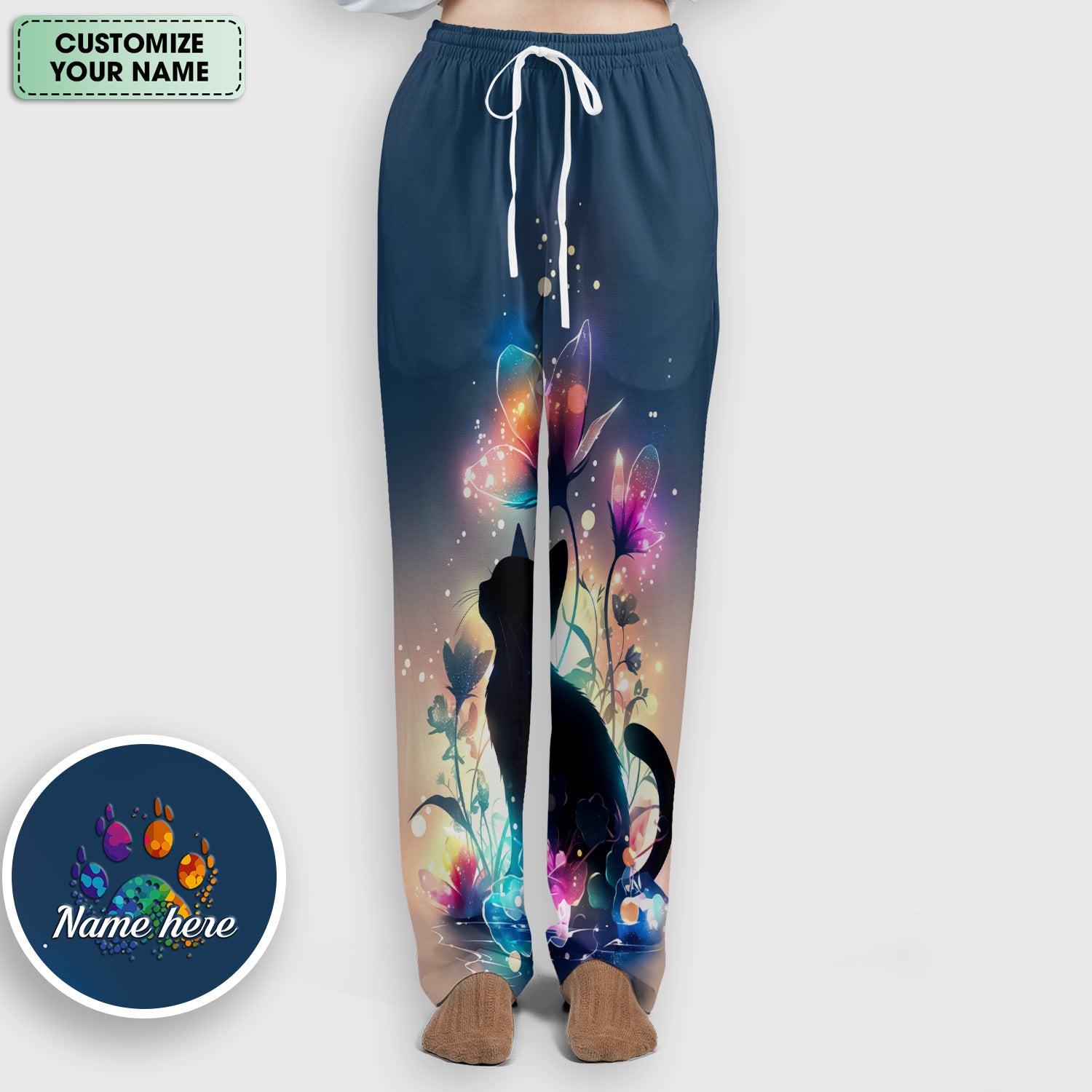 Custom Name Cat Floral Glow Pattern Scrub Set, Women's Scrub Sets