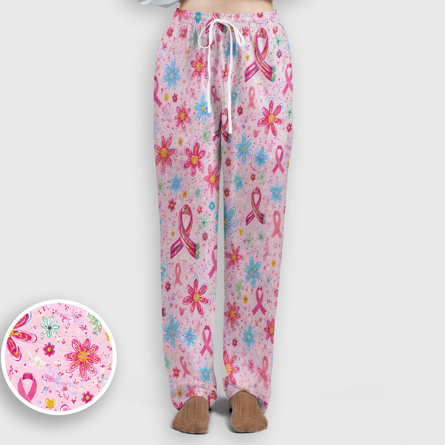 Floral Breast Cancer Awareness Print Scrub Set, Scrub Pants and V Neck Top