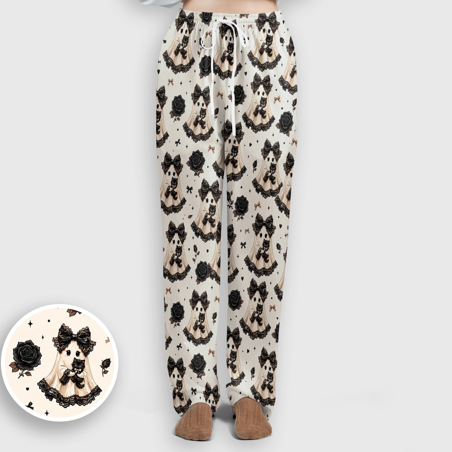 Halloween Ghost Black Cat Pattern Scrub Set, Scrub Pants and V Neck Top
