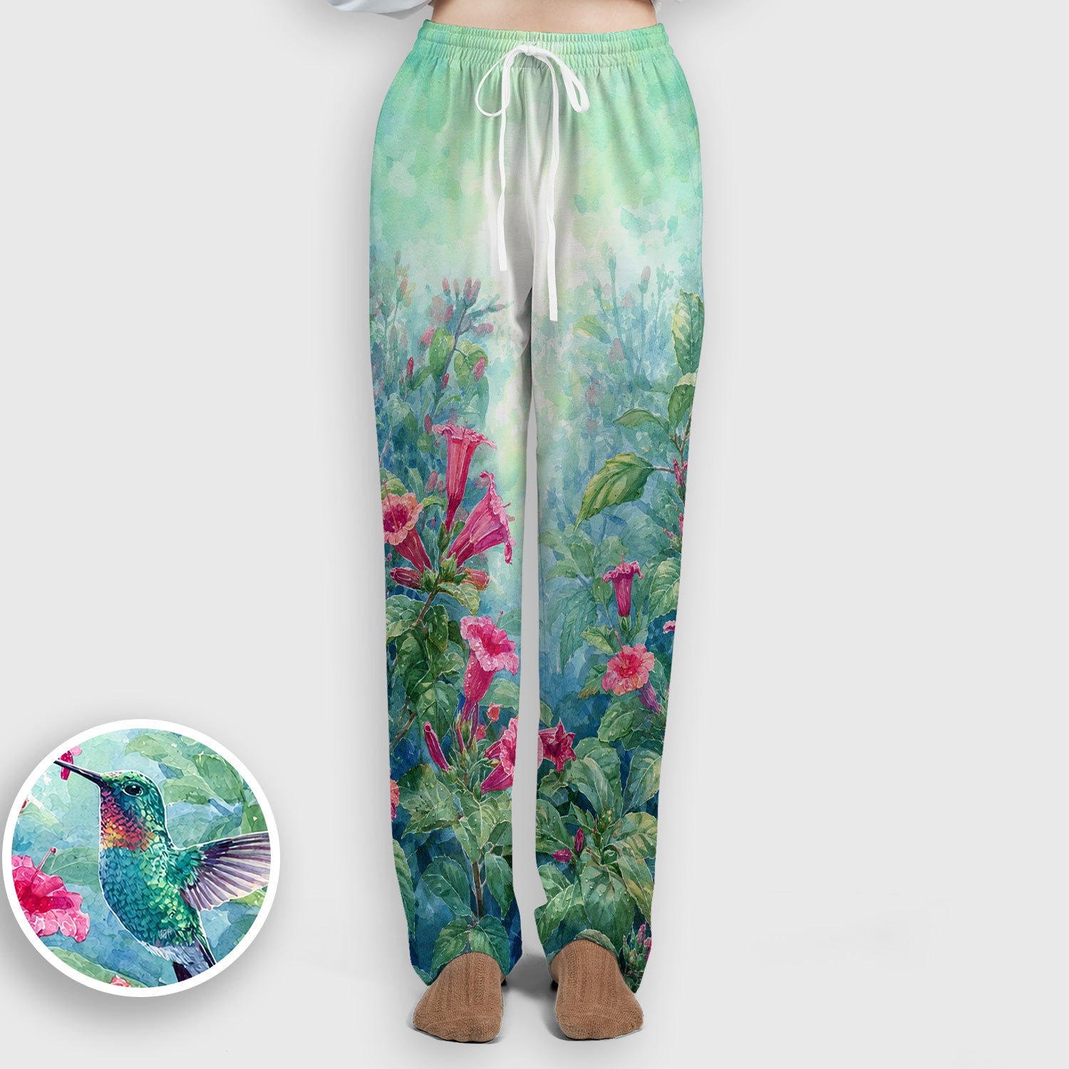 Vintage Hummingbird Floral Garden Pattern Scrub Set, Scrub Pants and V Neck Top