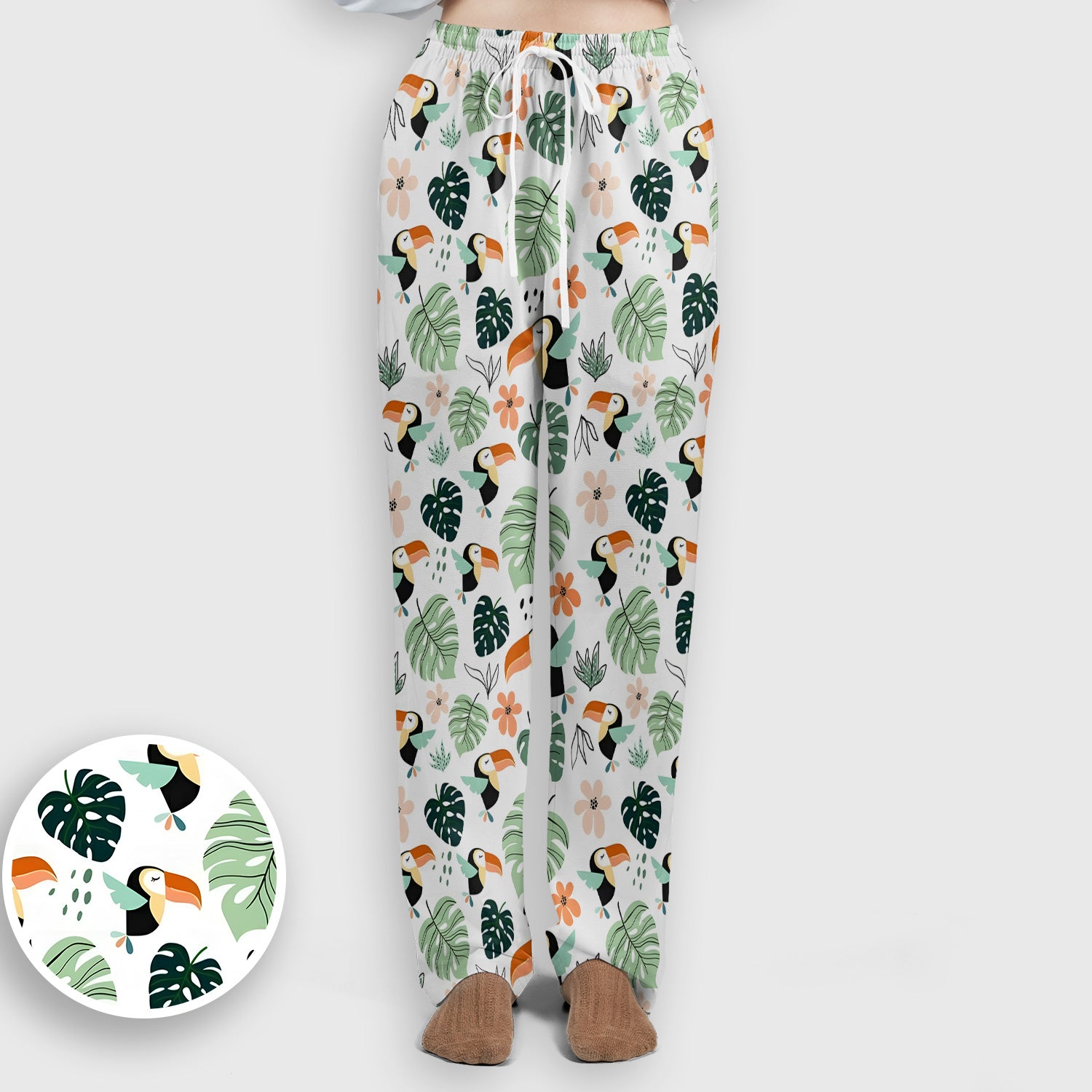 Tropical Toucan Leaf Floral Pattern Scrub Set, Scrub Pants and V Neck Top