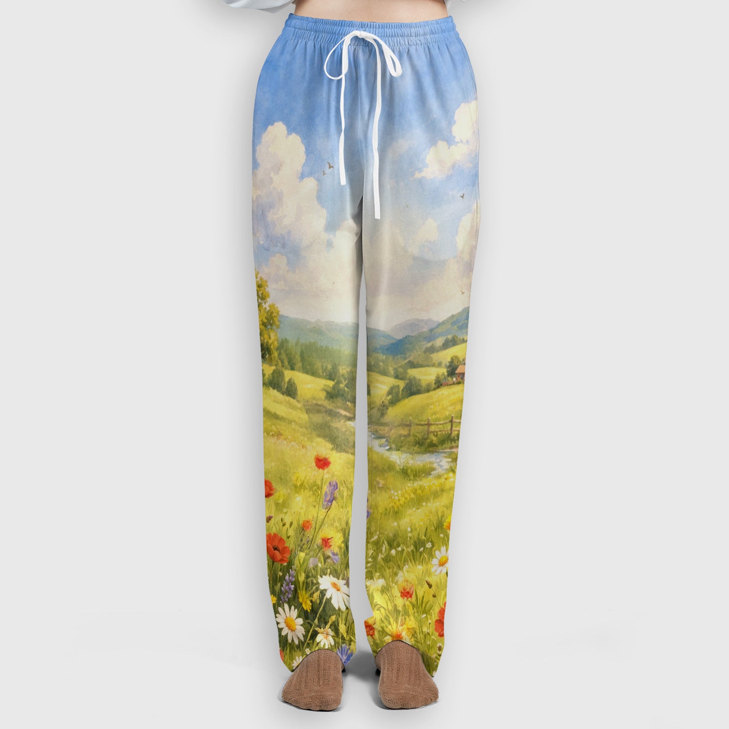 Cute Cow Wearing Boots Meadow Scene Pattern Scrub Set, Scrub Pants and V Neck Top