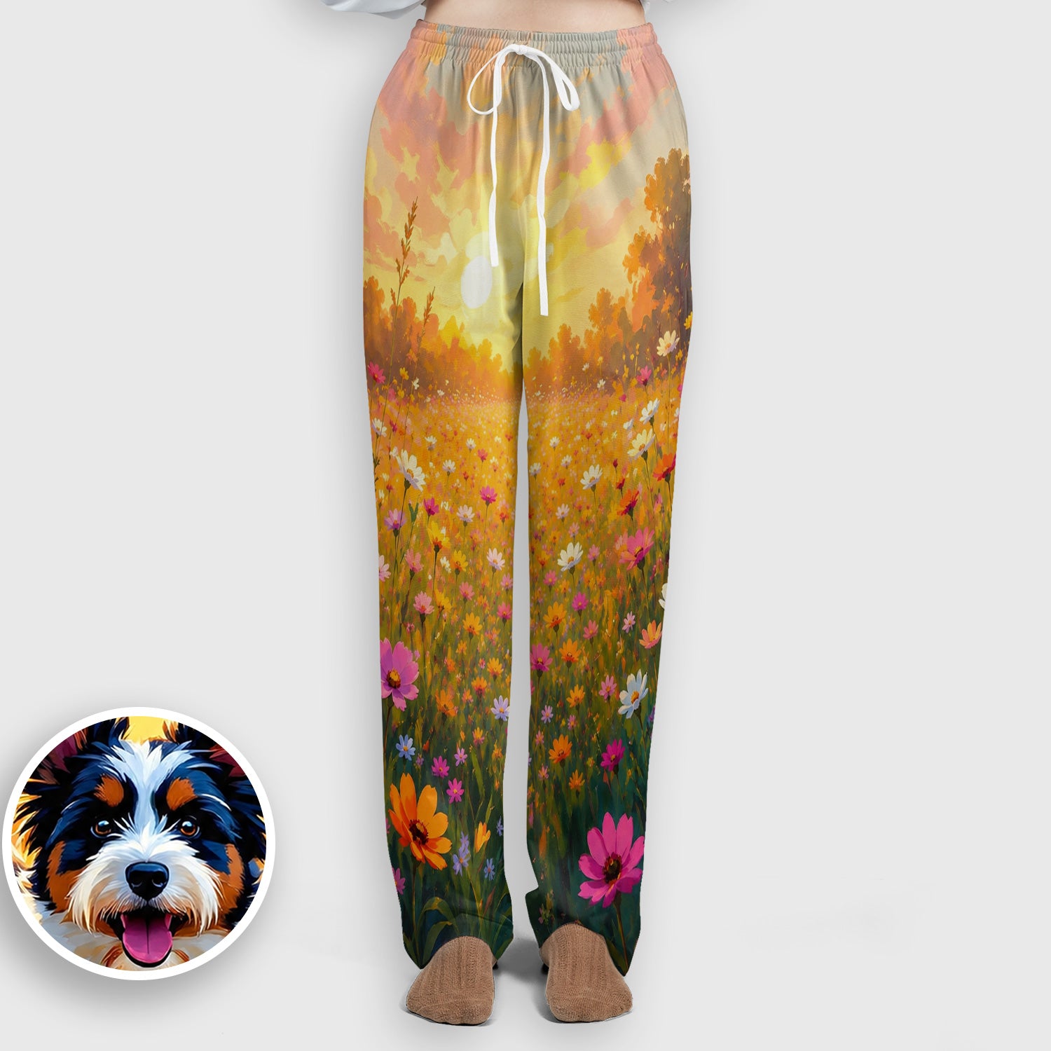 Cute Floral Meadow Dog Print Scrub Set, Scrub Pants and V Neck Top