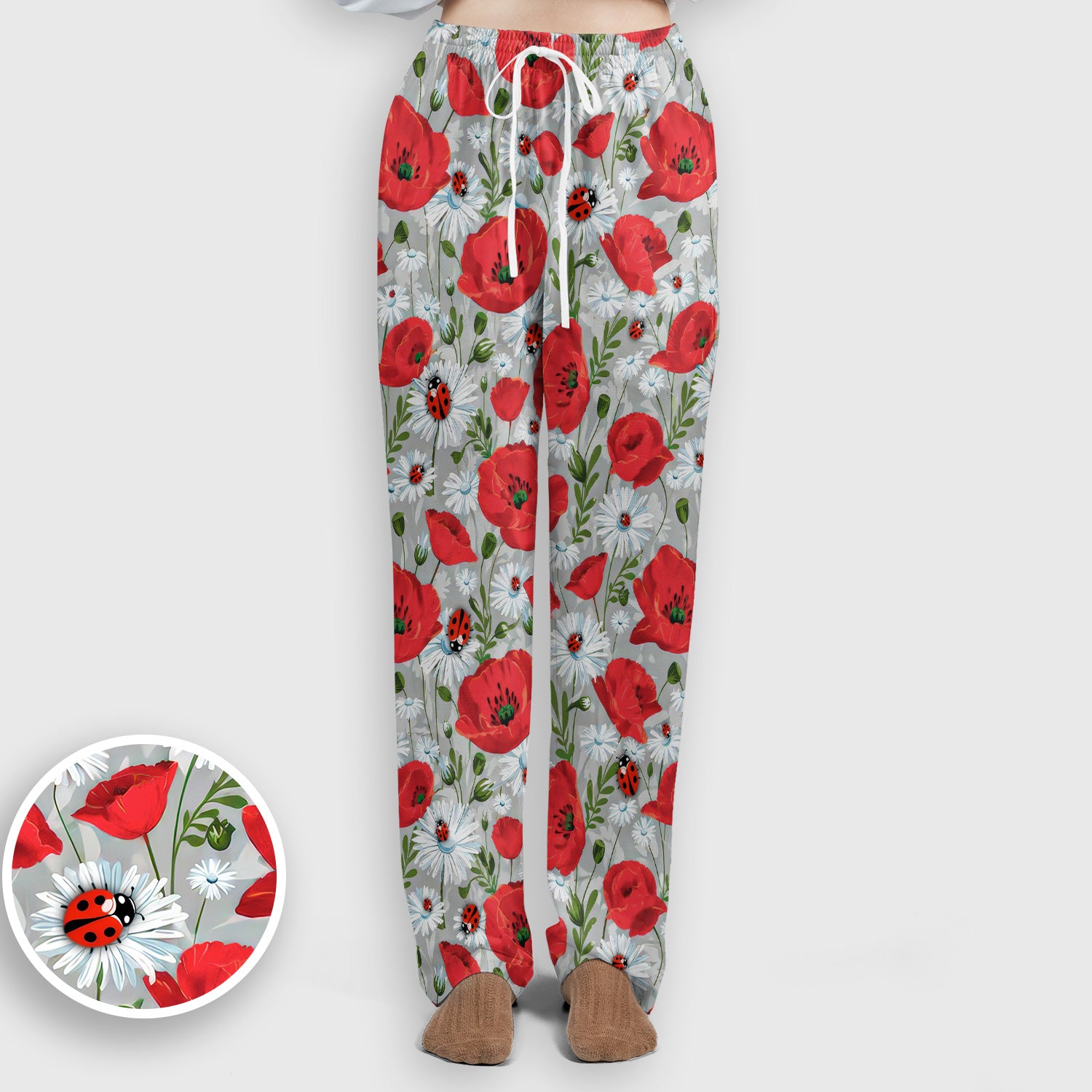 Cute Red Poppy Daisy Ladybug Floral Print Scrub Set, Scrub Pants and V Neck Top