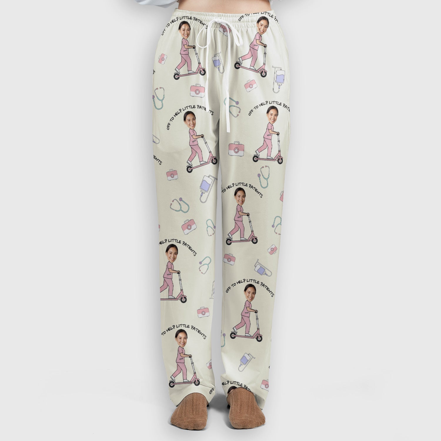 Custom Face Pediatric Nurse Scooter Pattern Scrub Set, Scrub Pants and V Neck Top