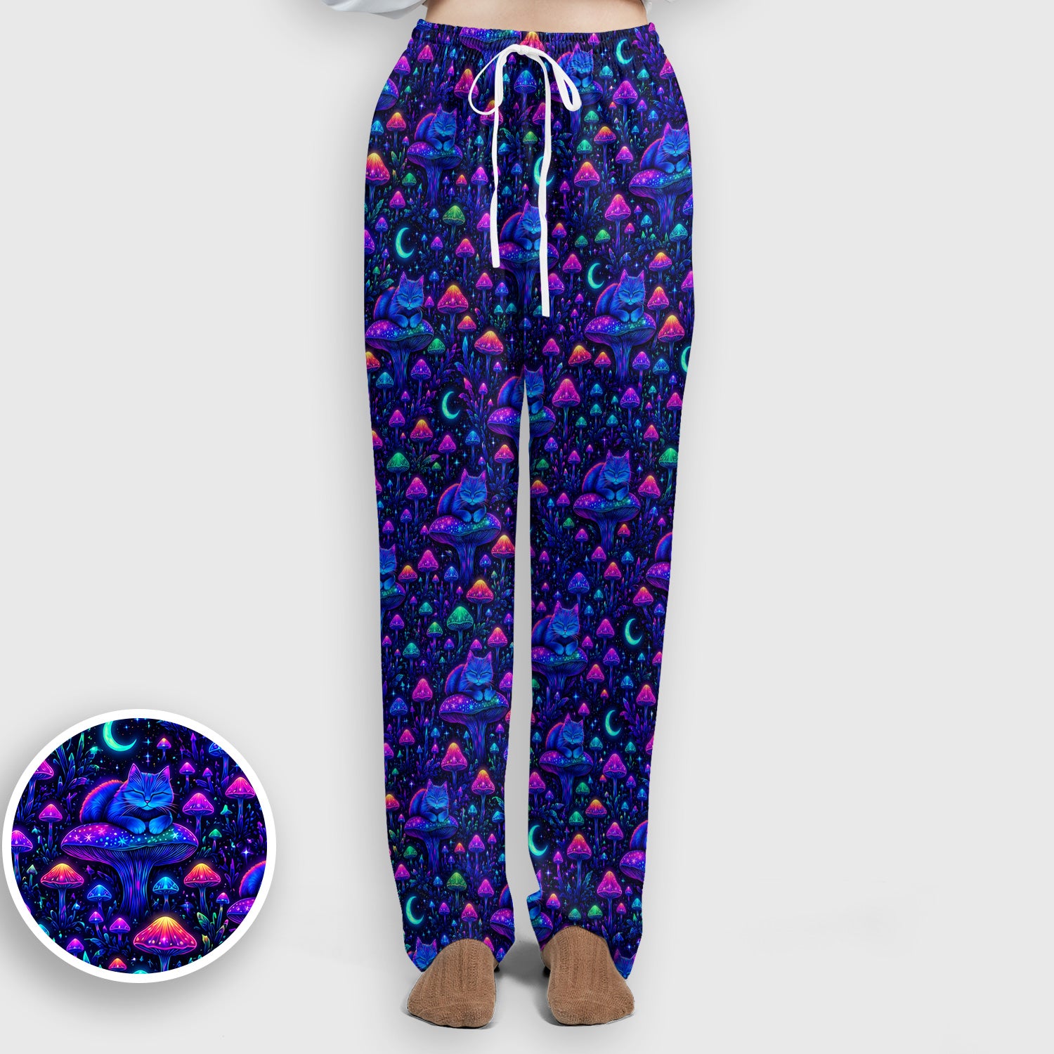 Neon Mushroom Cat Galaxy Pattern Scrub Set, Scrub Pants and V Neck Top