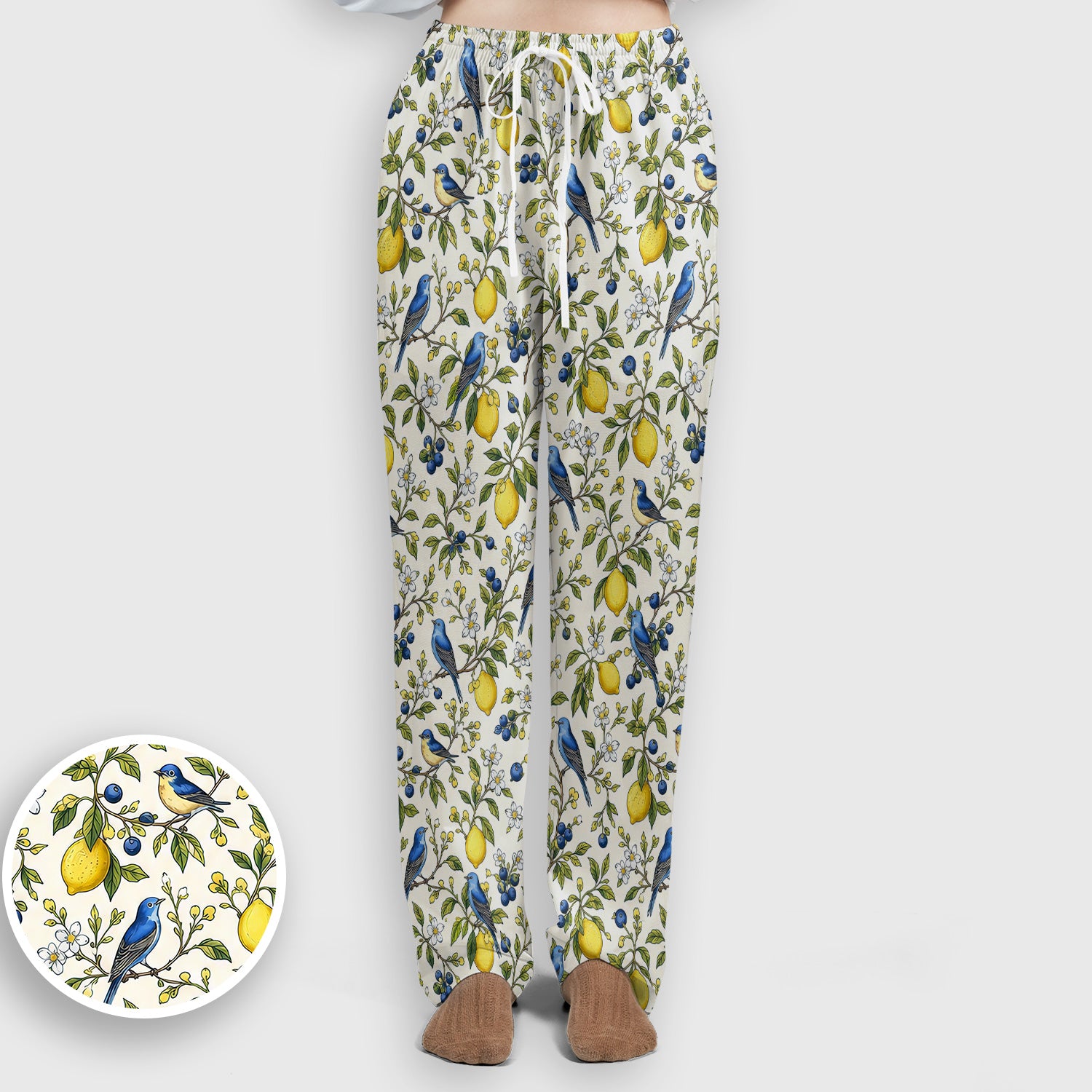 Bluebird Lemon Blossom Pattern Scrub Set, Scrub Pants and V Neck Top