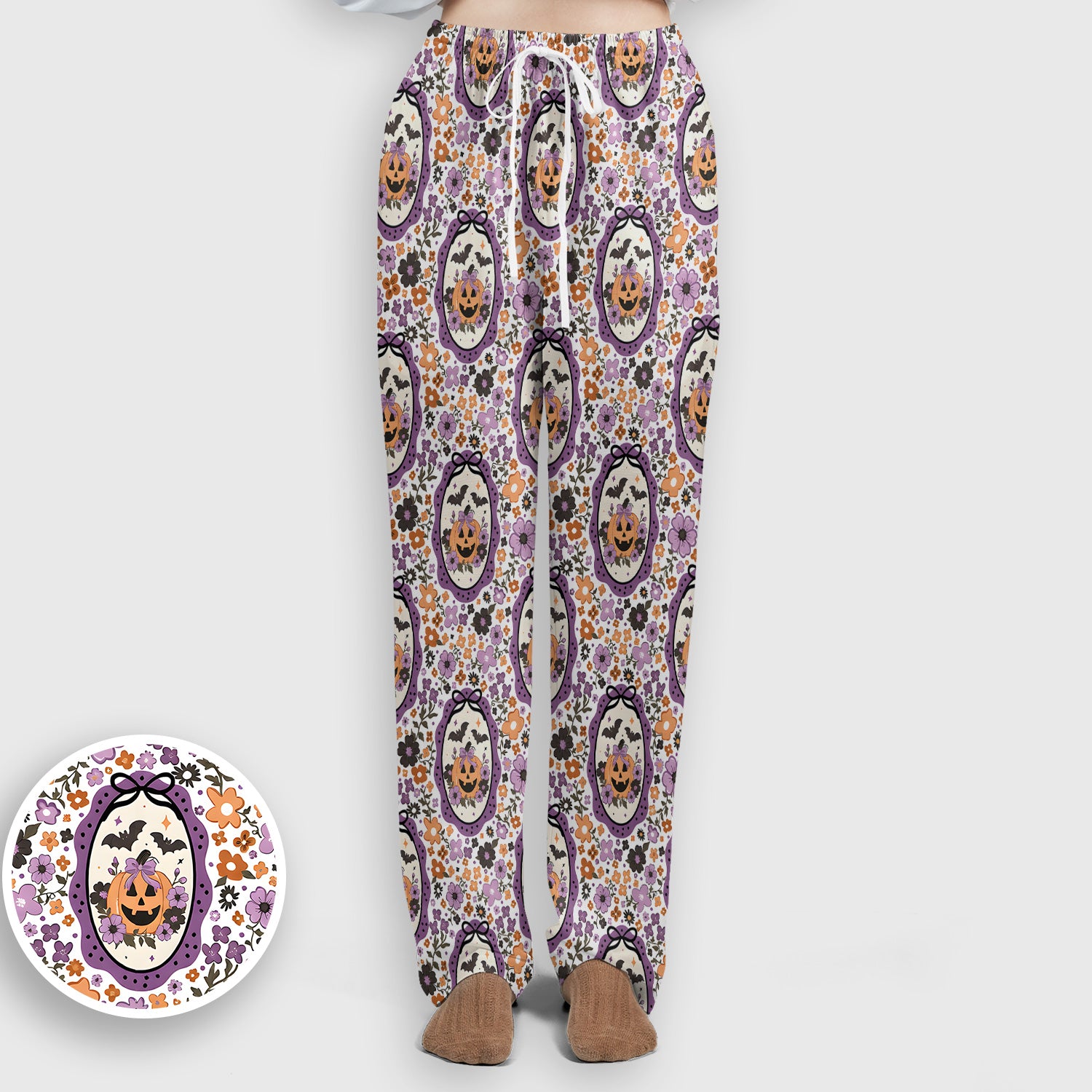 Halloween Pumpkin with Floral Print Scrub Set, Scrub Pants and V Neck Top