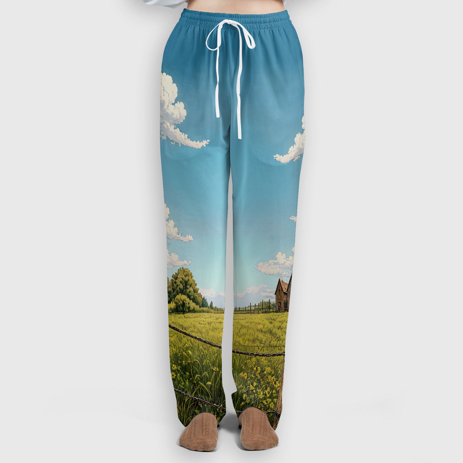 Curious Highland Cow Farm Scene Scrub Set, Scrub Pants and V Neck Top