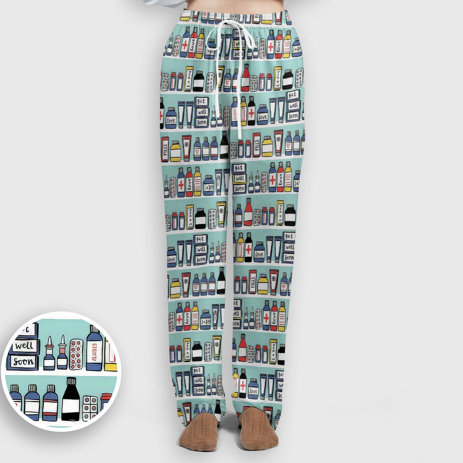 Medicine Bottle Pharmacy Pills Care Pattern Scrub Set, Scrub Pants and V Neck Top