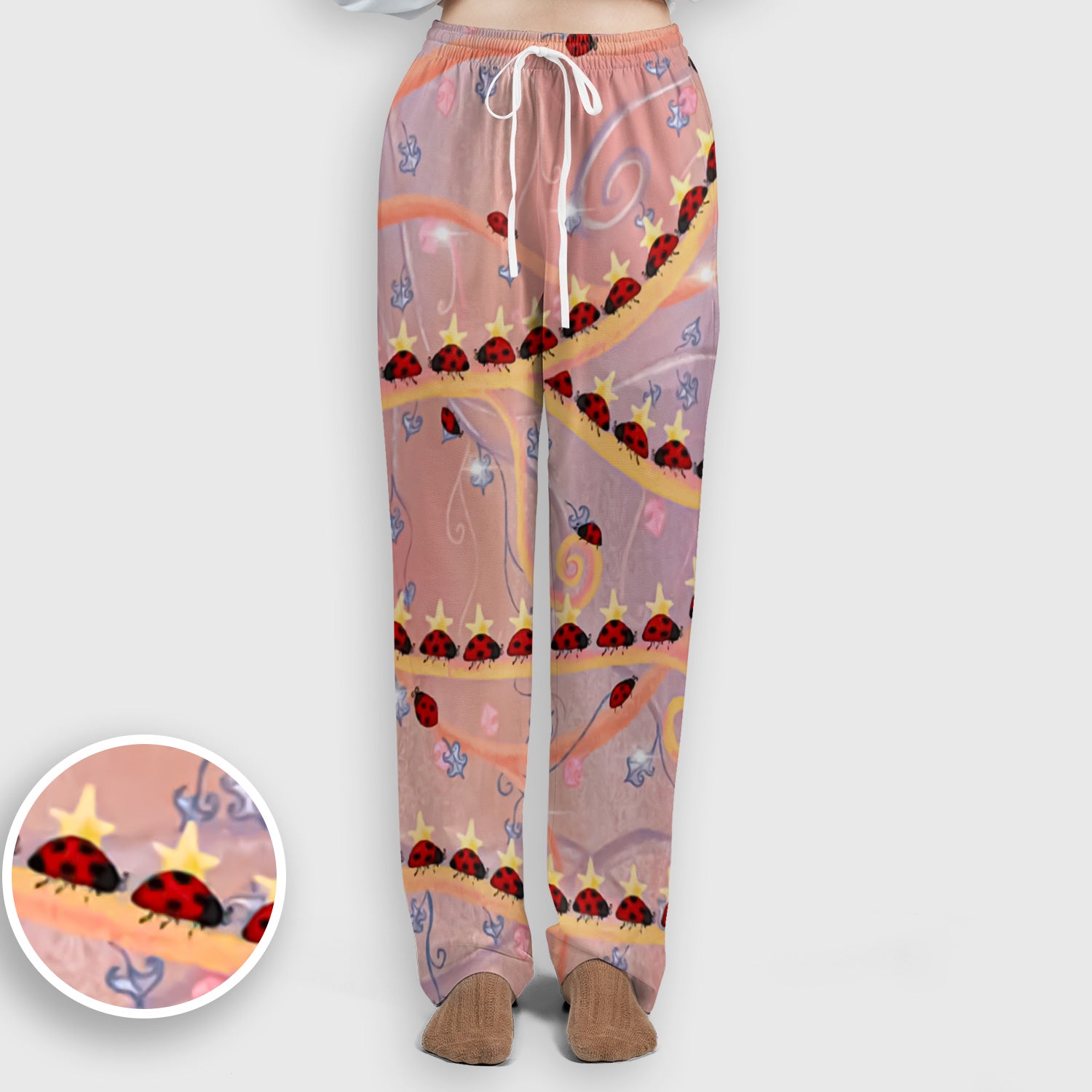 Cute Ladybug Star Vine Swirl Pattern Scrub Set, Scrub Pants and V Neck Top