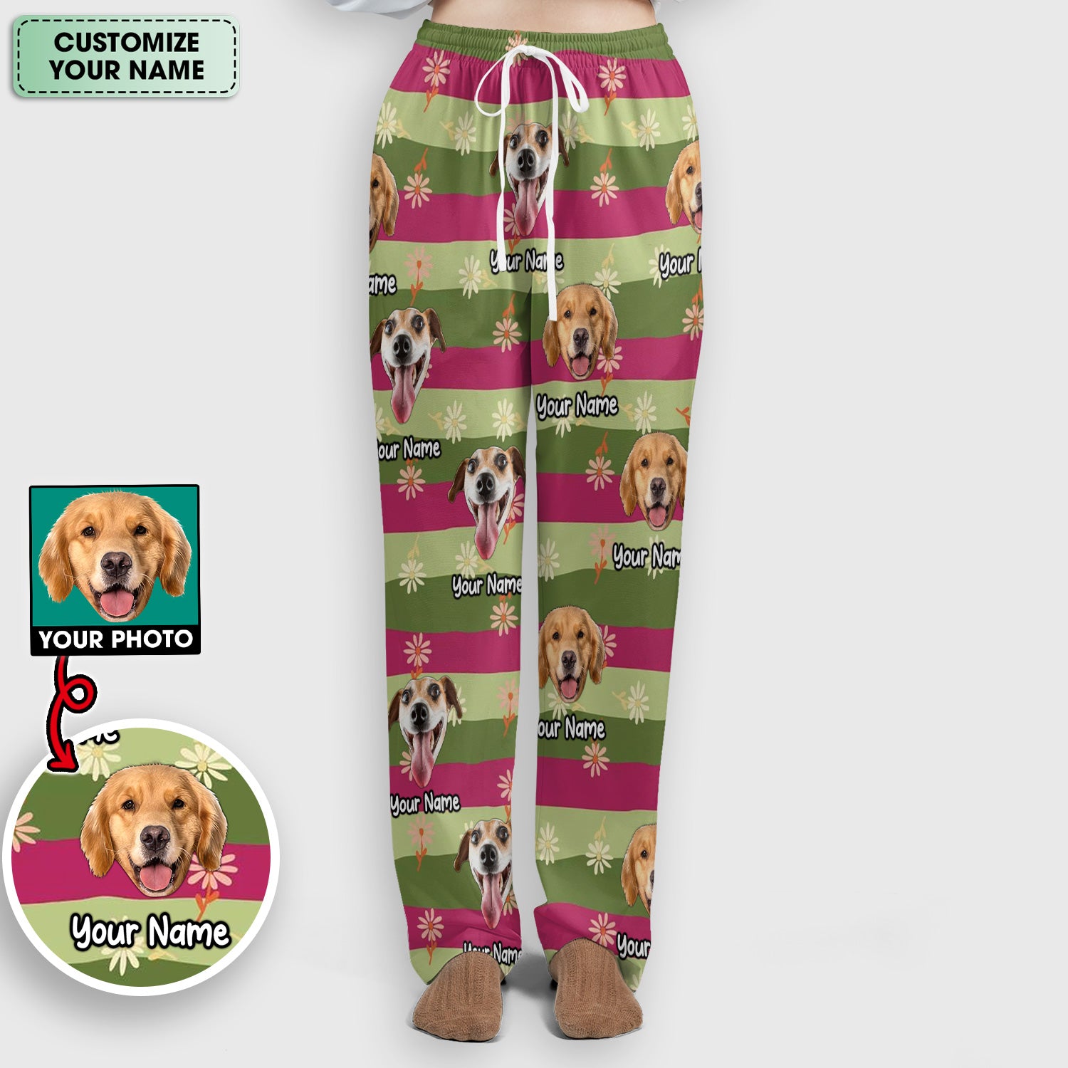 Personalized Floral Dog Portrait With Spring Stripes Pattern Scrub Set, Scrub Pants and V Neck Top