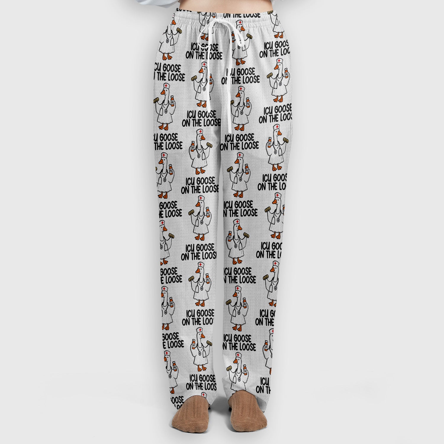 Funny ICU Goose On The Loose Nurse Pattern Scrub Set, Scrub Pants and V Neck Top