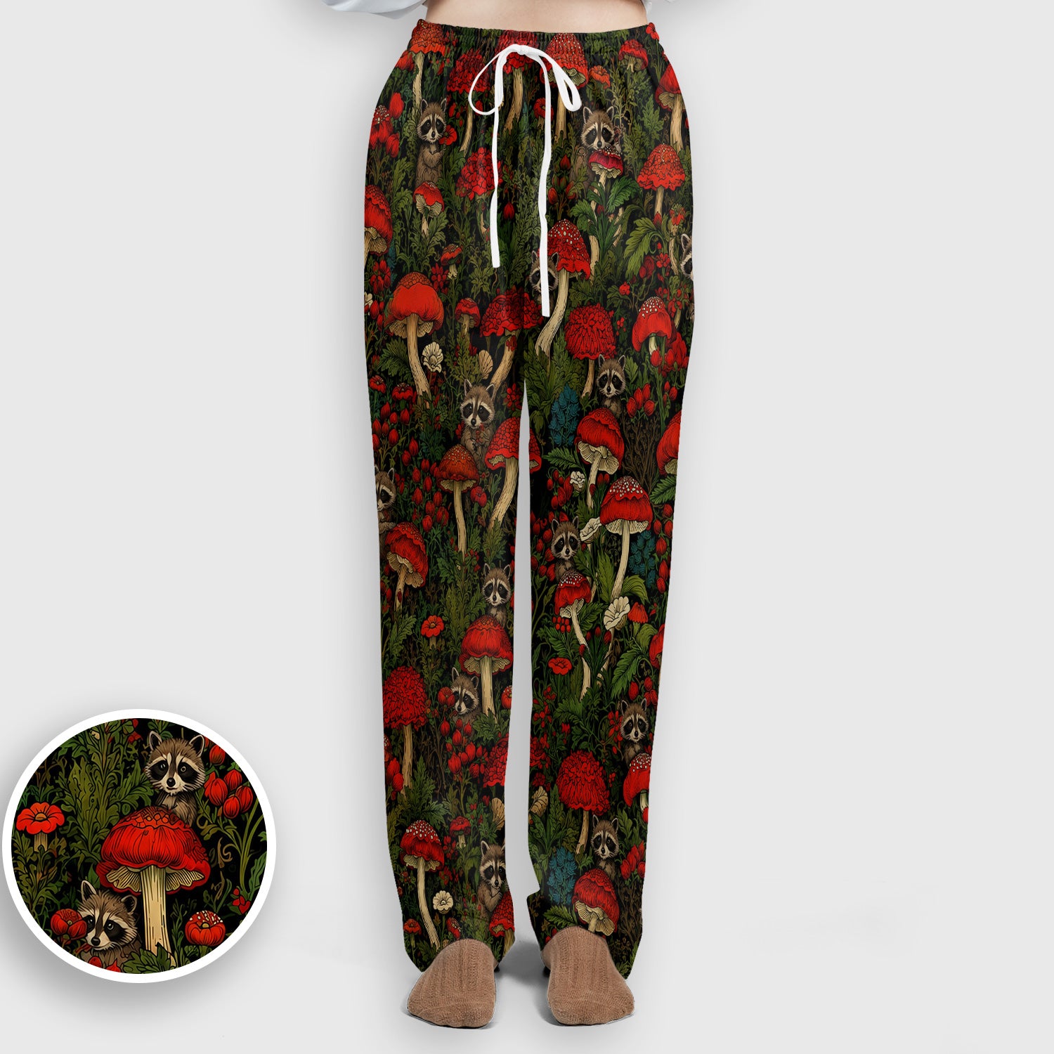 Woodland Raccoon Red Mushroom Pattern Scrub Set, Scrub Pants and V Neck Top