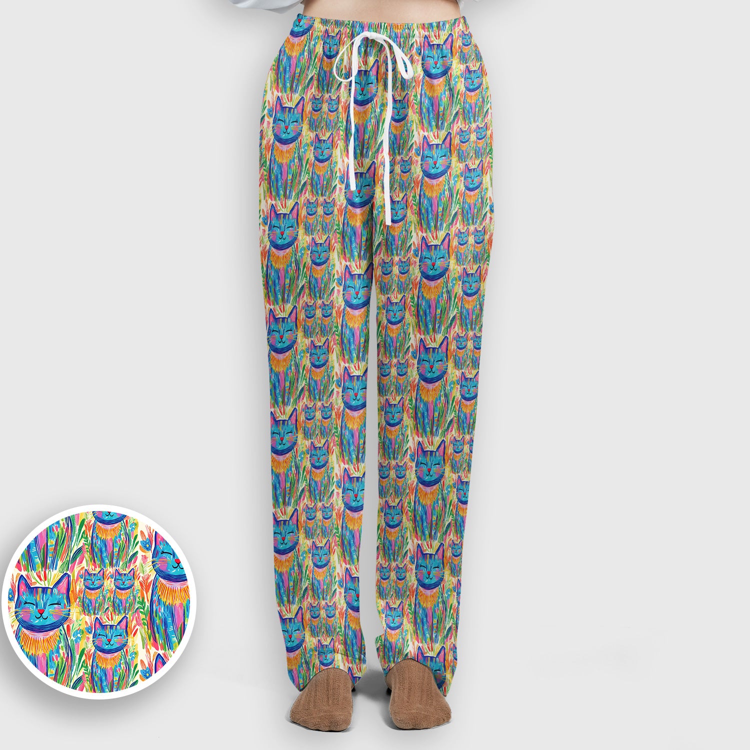 Colorful Rainbow Cat With Floral Brushstroke Scrub Set, Scrub Pants and V Neck Top