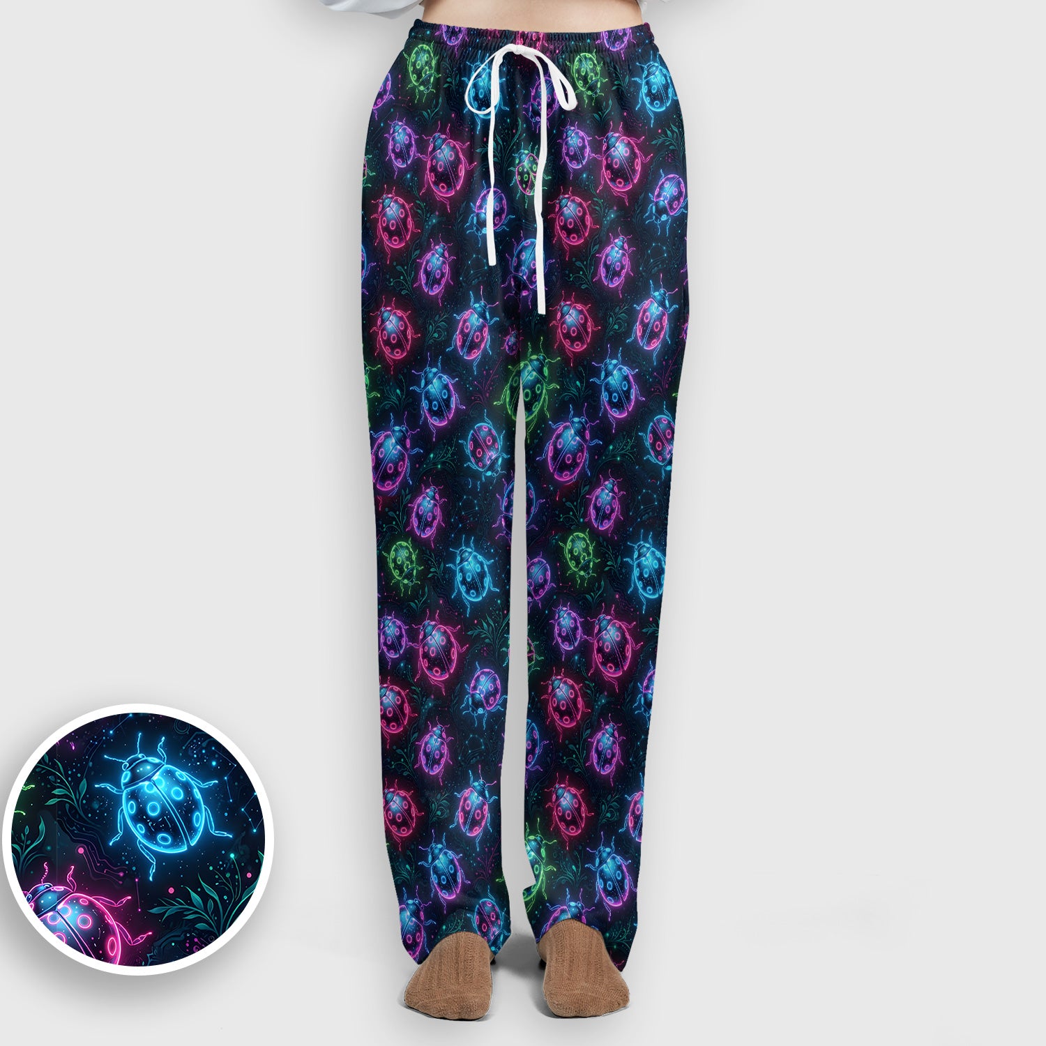 Colorful Neon Ladybug Pattern Scrub Set, Scrub Pants and V Neck Top