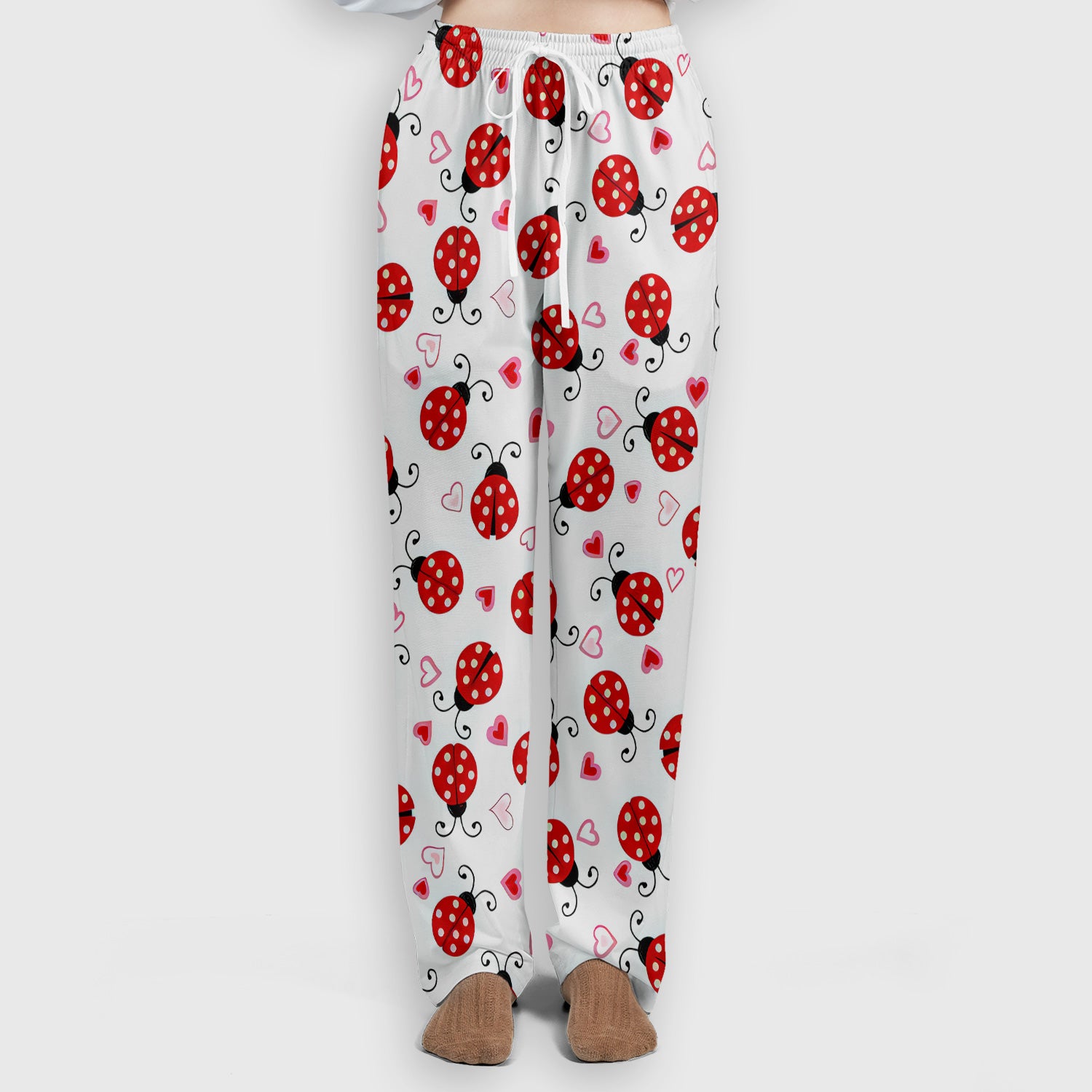 Cute Ladybug Heart Love Pattern Scrub Set, Scrub Pants and V Neck Top