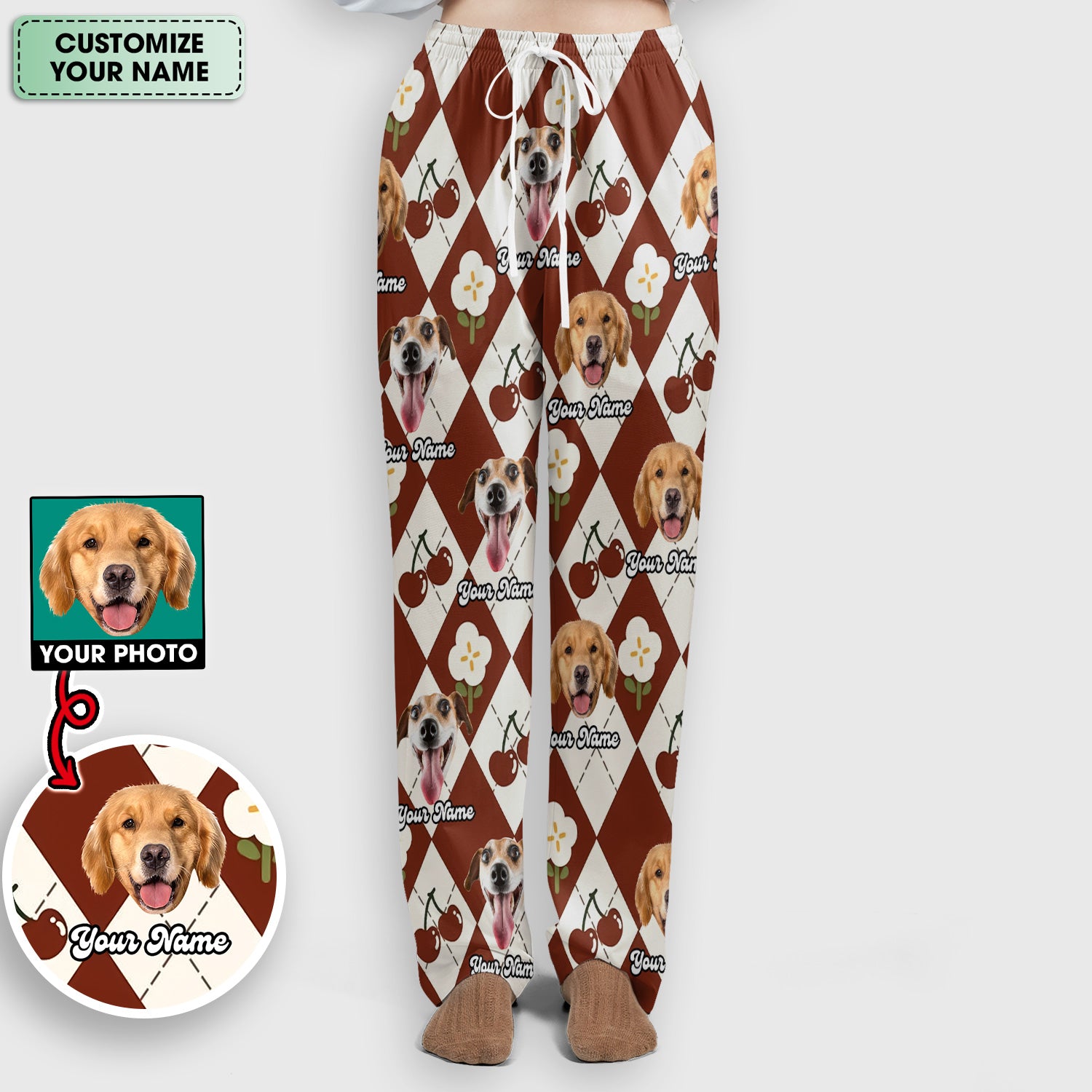 Custom Dog Face Scrub Set, Playful Dog Cherry Argyle Pattern Shirt, Breathable Fabrics Nursing Uniform