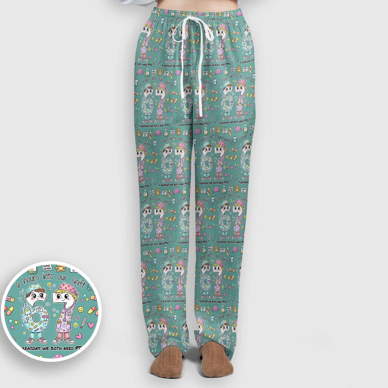 Cartoon Characters Six Hours Into Shift With Medical Doodle Scrub Set, Breathable Med Uniform