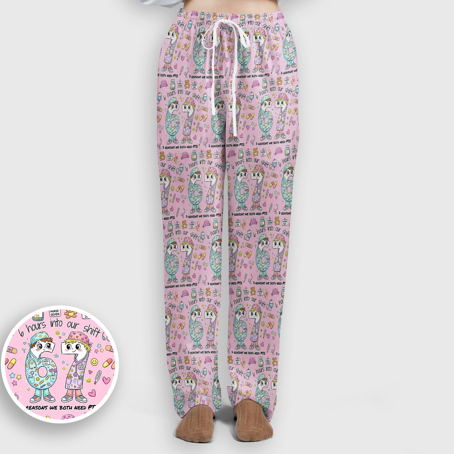 Cartoon Characters Six Hours Into Shift With Medical Doodle Scrub Set, Breathable Med Uniform