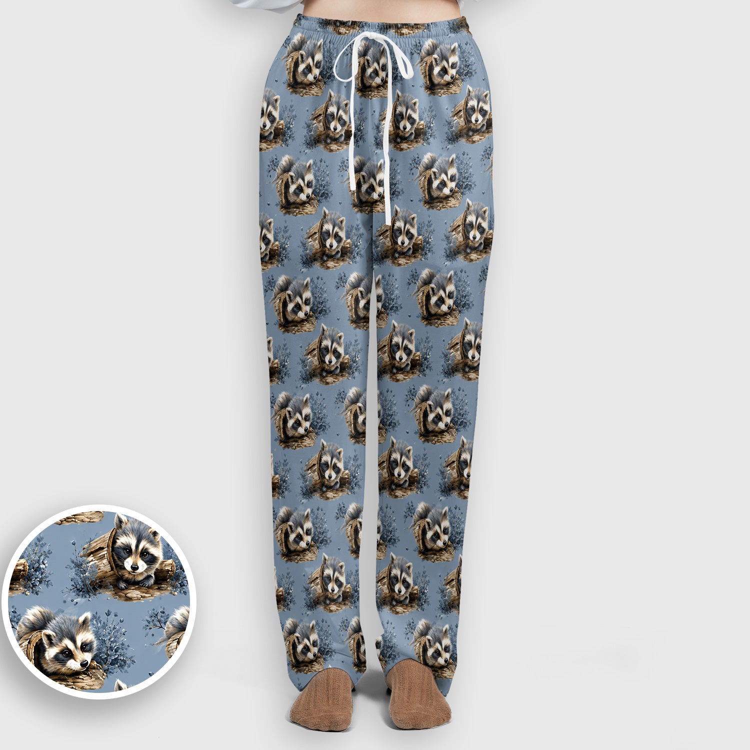 Cute Raccoon In Log Pattern Scrub Set, Scrub Pants and V Neck Top