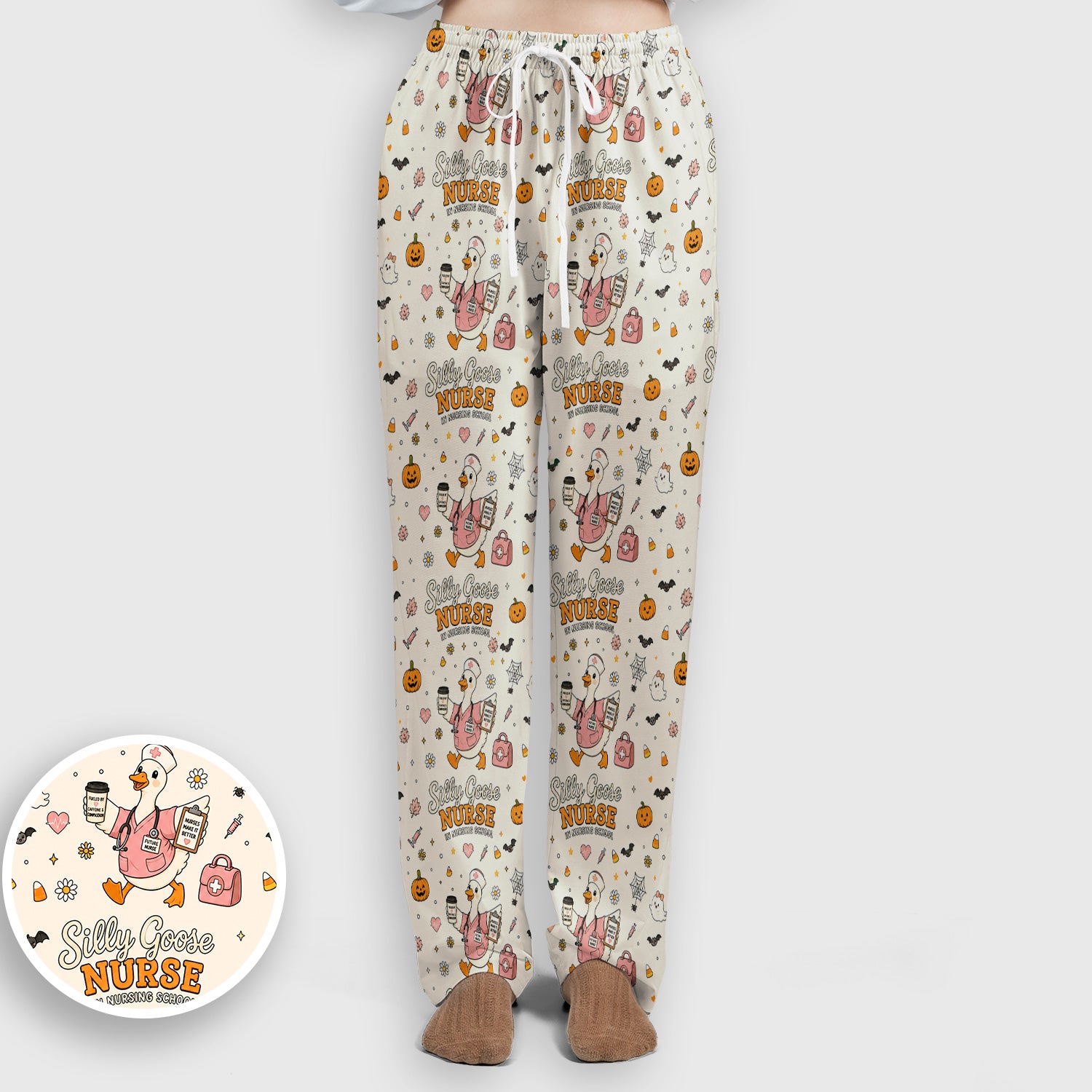 Funny Halloween Silly Goose Pattern Scrub Set, Scrub Pants and V Neck Top