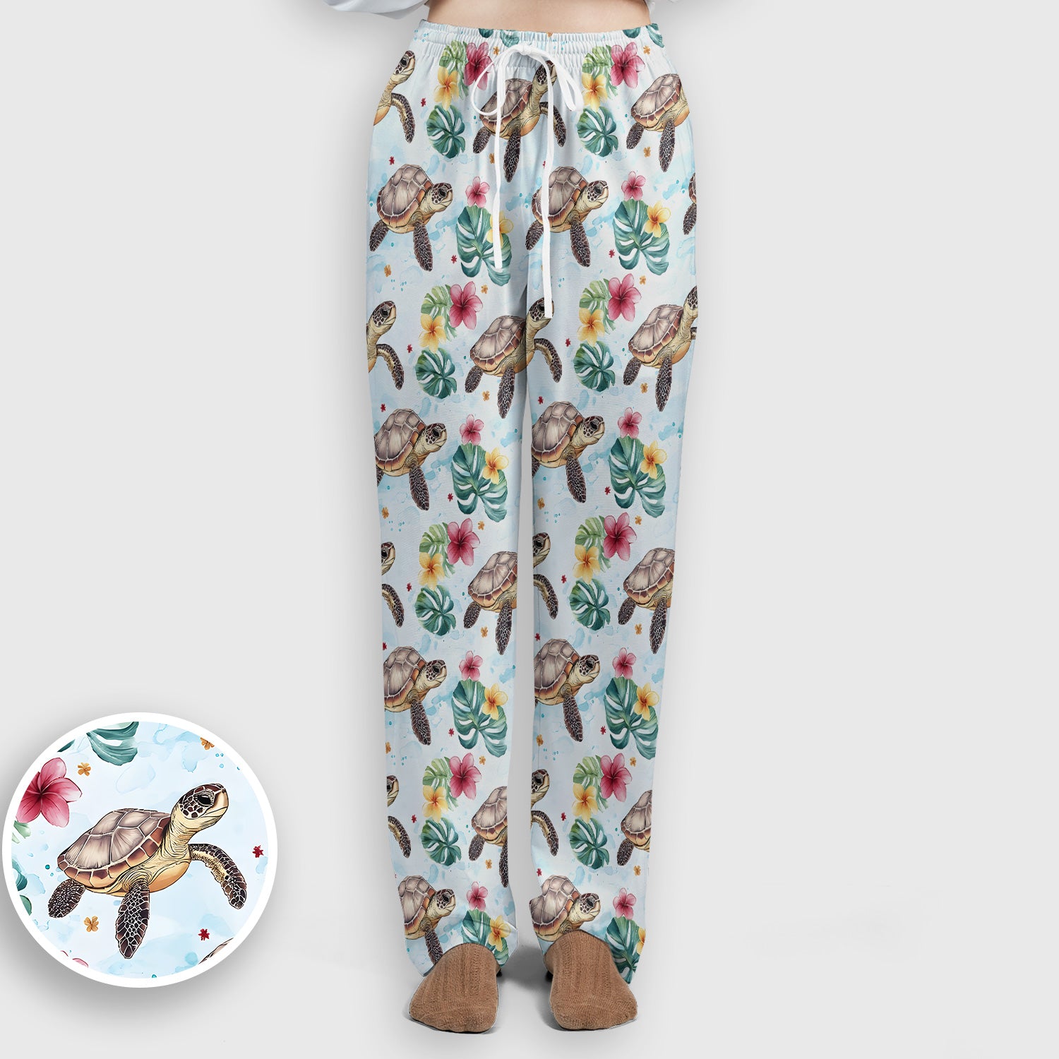 Sea Turtle Tropical Floral Pattern Scrub Set, Scrub Pants and V Neck Top