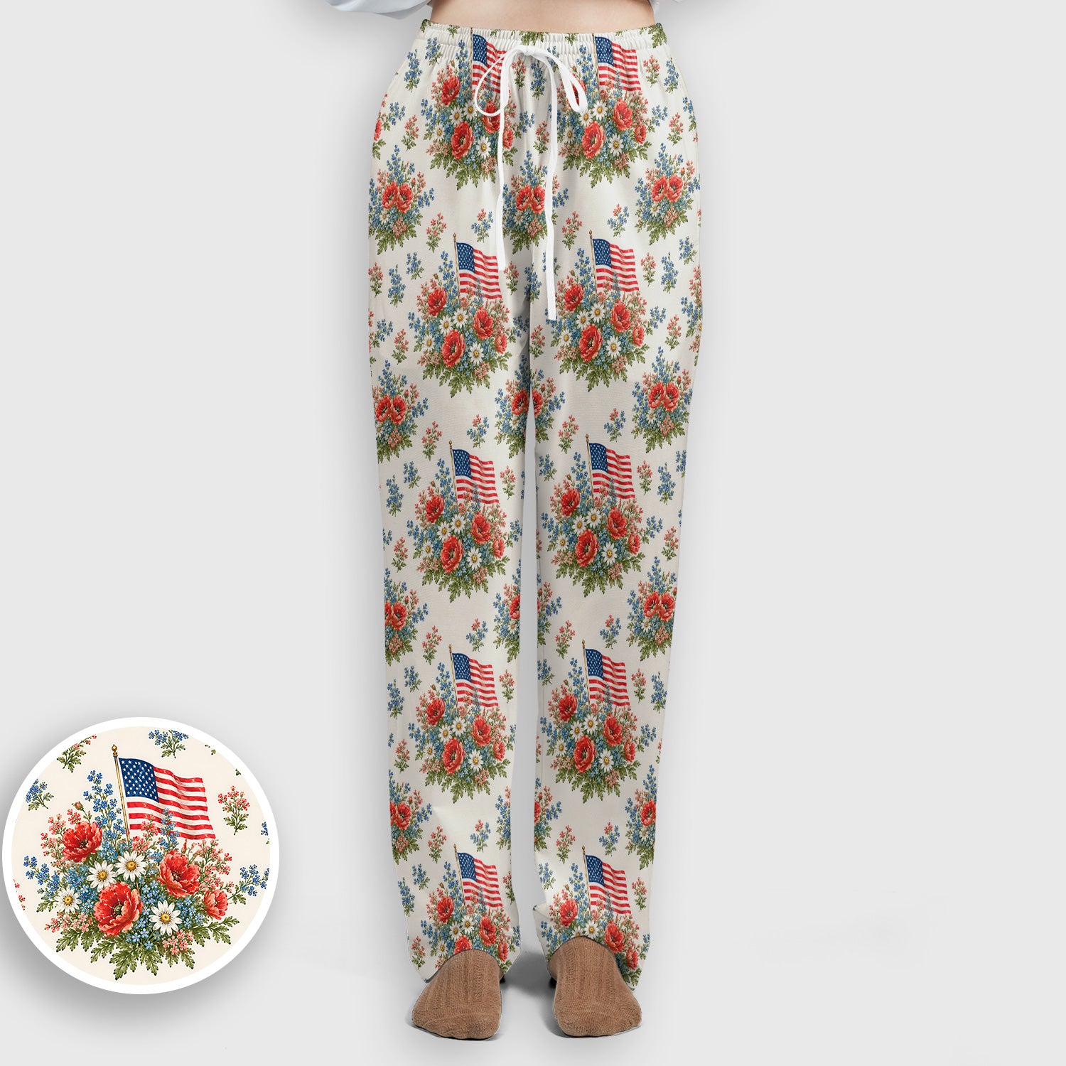 Patriotic Floral With USA Flag Pattern Scrub Set, Scrub Pants and V Neck Top