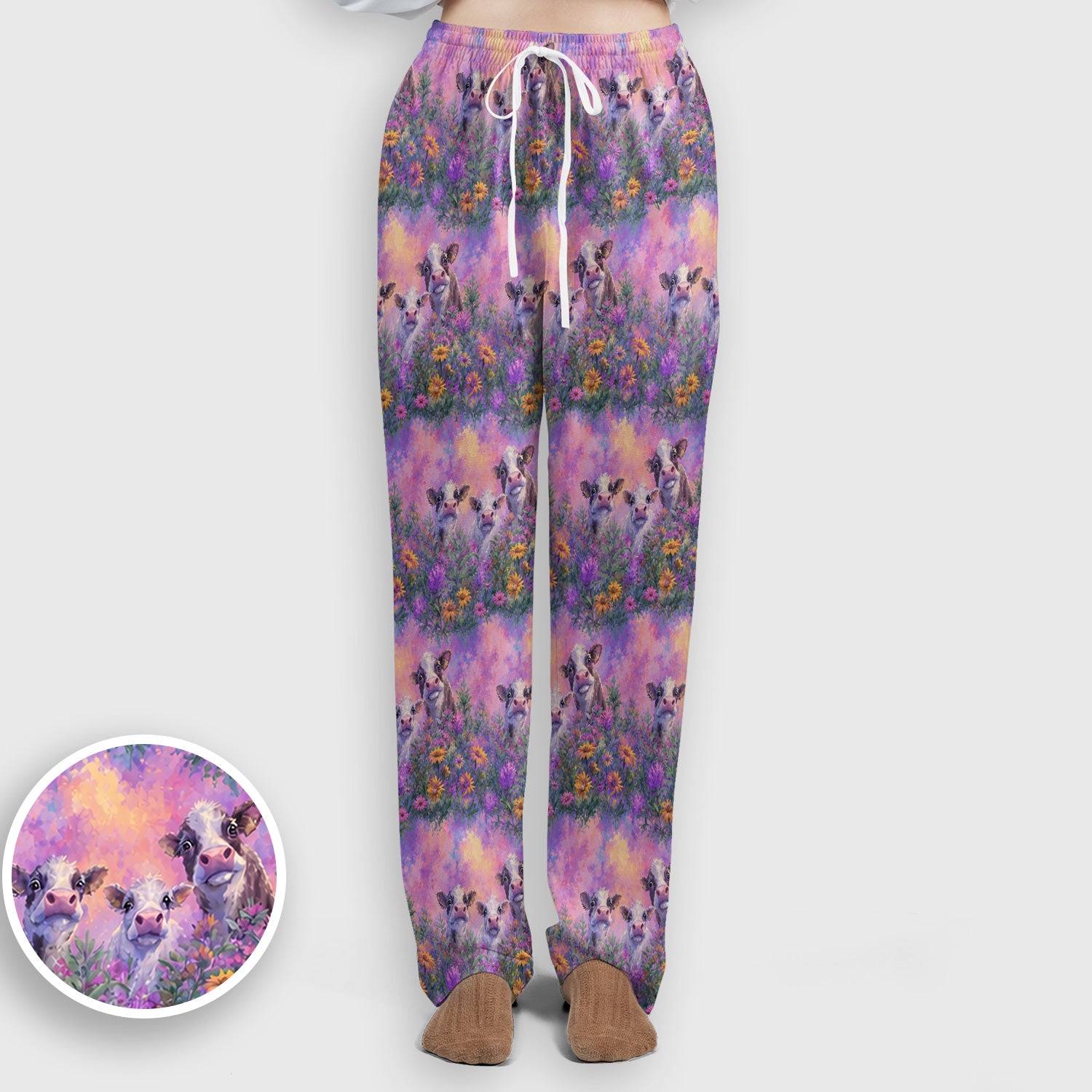 Pastel Cow Meadow Flower Pattern Scrub Set, Scrub Pants and V Neck Top