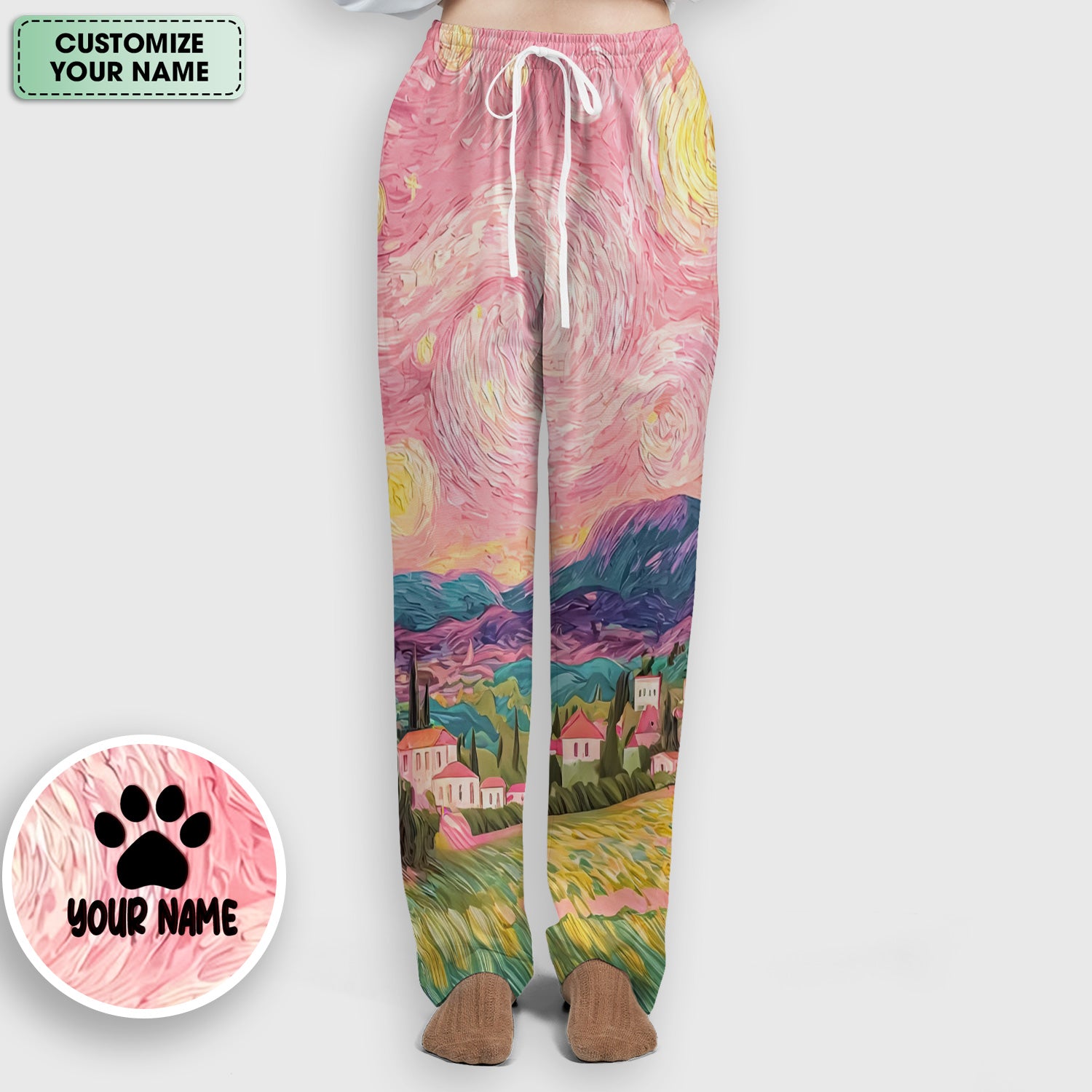 Personalized Cat Couple Sunset Swirl Sky Landscape Pattern Scrub Set, Scrub Pants and V Neck Top