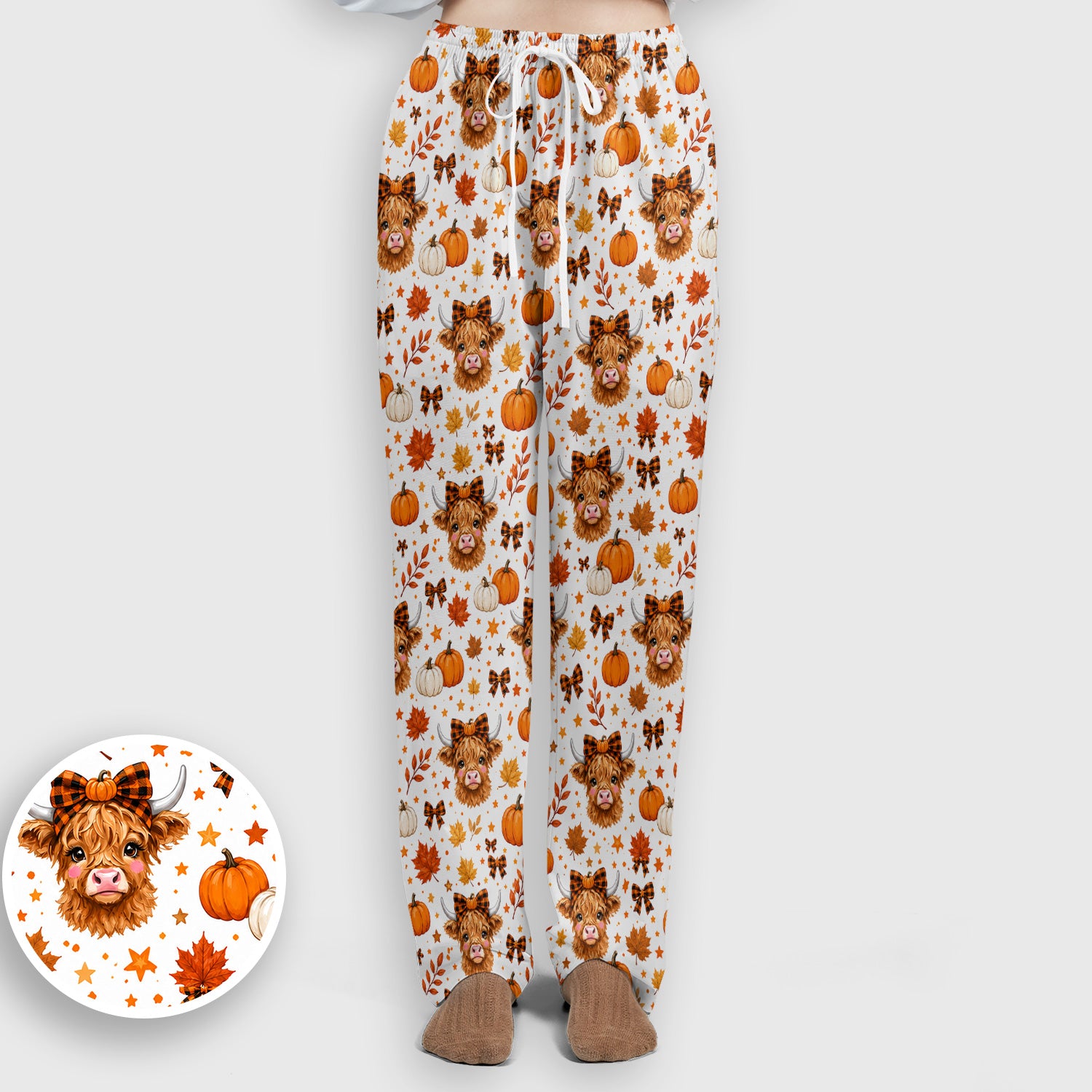 Cute Fall Highland Cow Scrub Set, Scrub Pants and V Neck Top