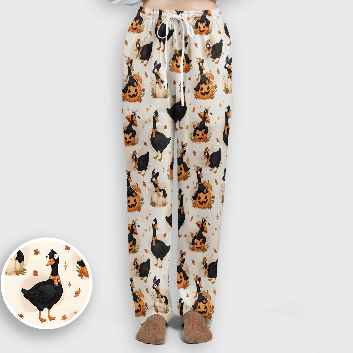 Pumpkin Black Goose Print Scrub Set, Scrub Pants and V Neck Top