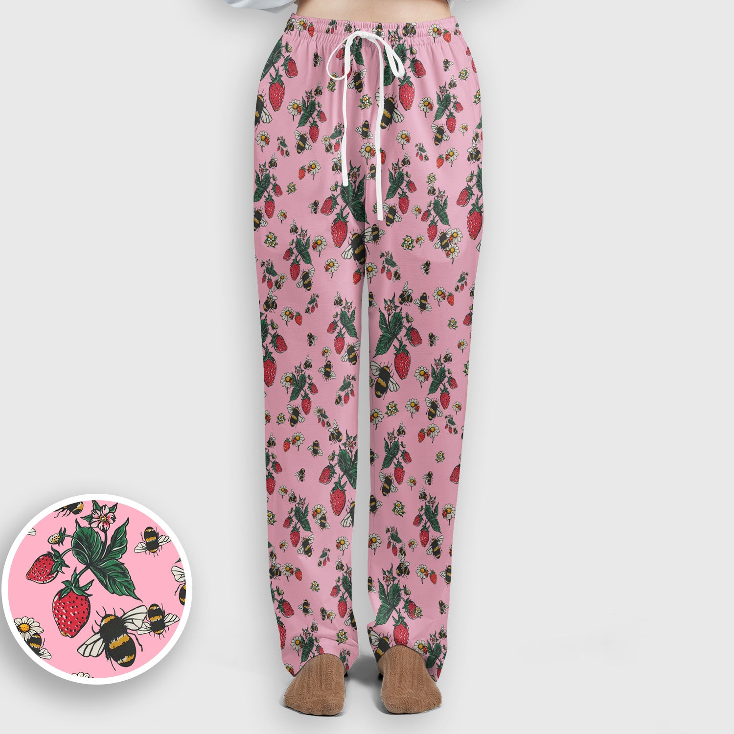 Cute Strawberry Bee Daisy Floral Pattern Scrub Set, Scrub Pants and V Neck Top