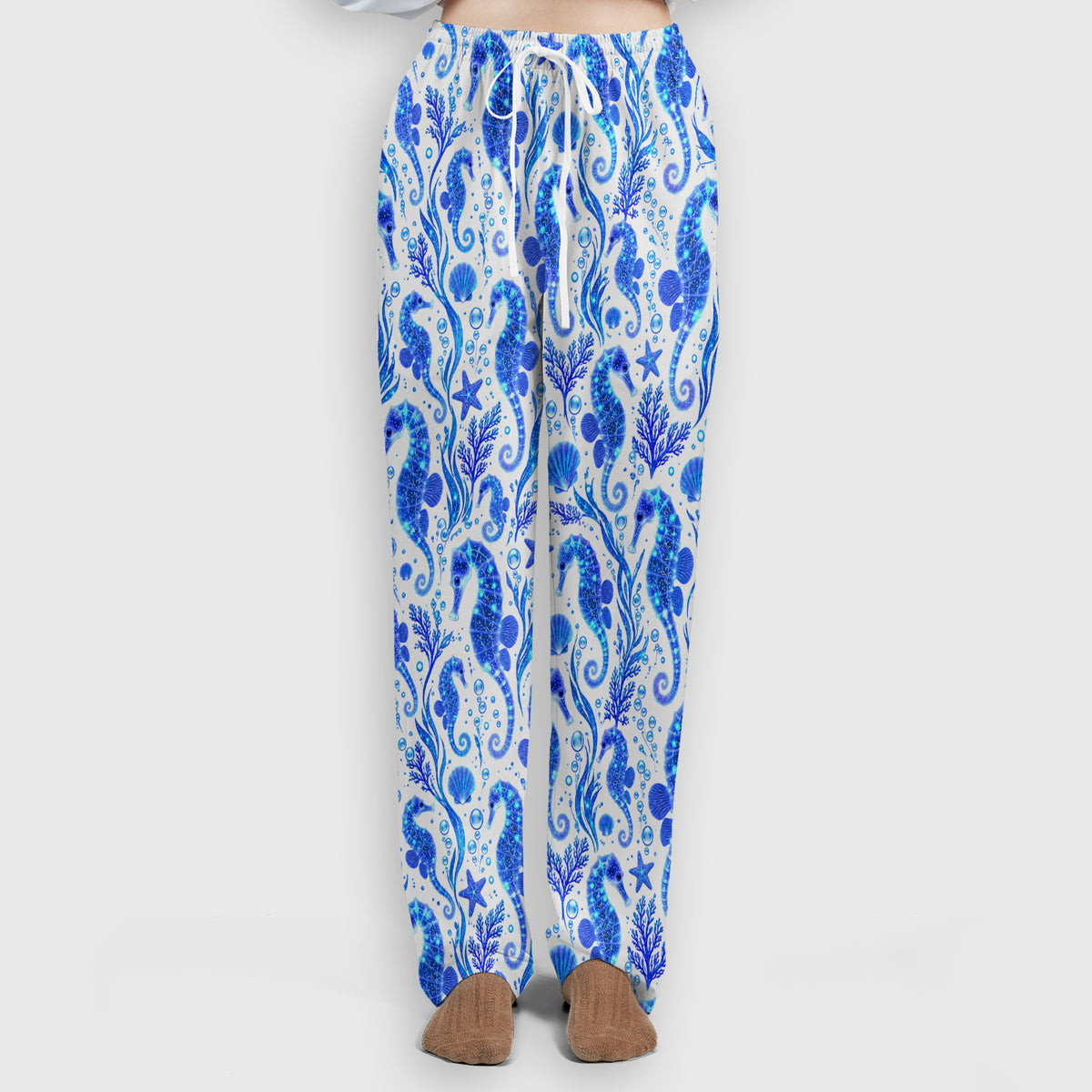 Blue Ocean Seahorse Pattern Scrub Set, Scrub Pants and V Neck Top