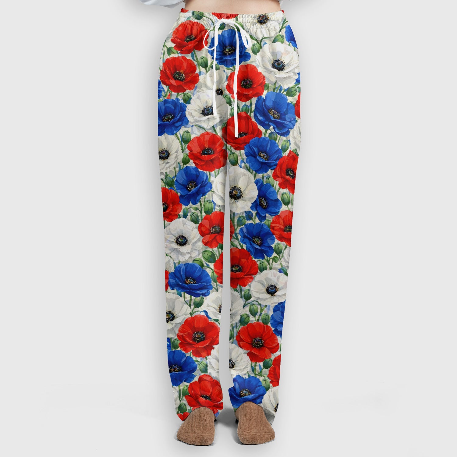 Festive Patriotic Red Blue Poppy Floral Pattern Scrub Set, Scrub Pants and V Neck Top