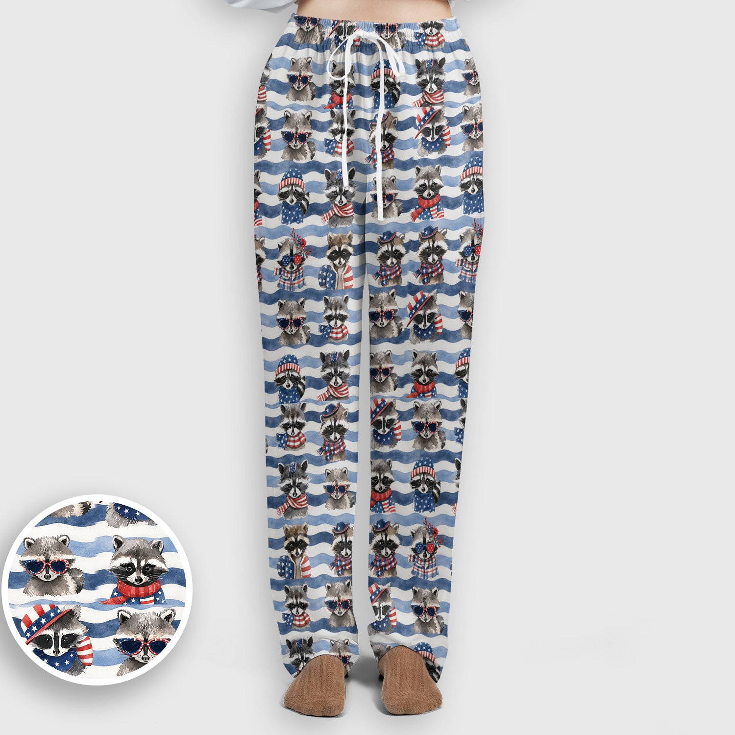 Patriotic Raccoon Watercolor Stripe Pattern Scrub Set, Scrub Pants and V Neck Top