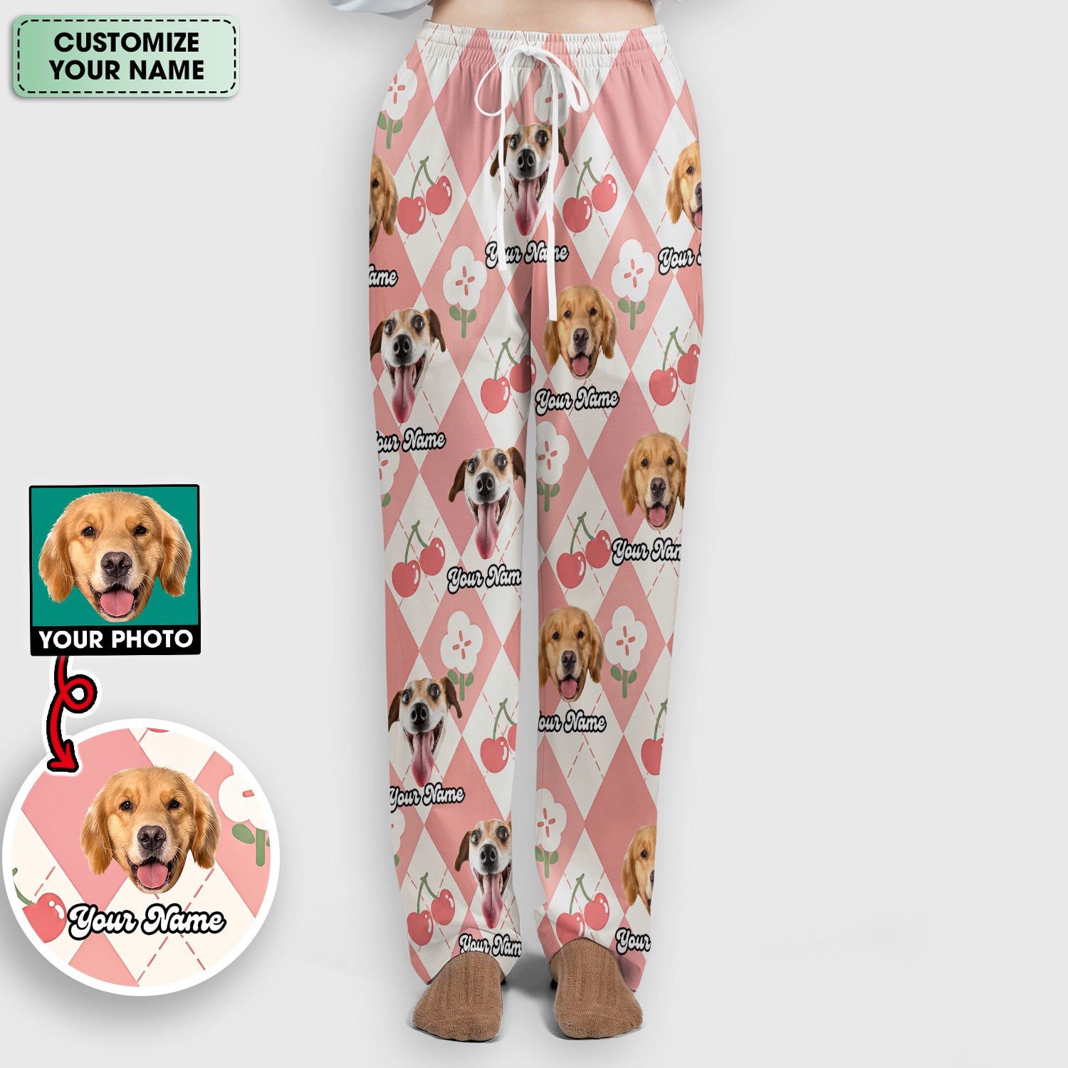 Custom Dog Face Scrub Set, Playful Dog Cherry Argyle Pattern Shirt, Breathable Fabrics Nursing Uniform