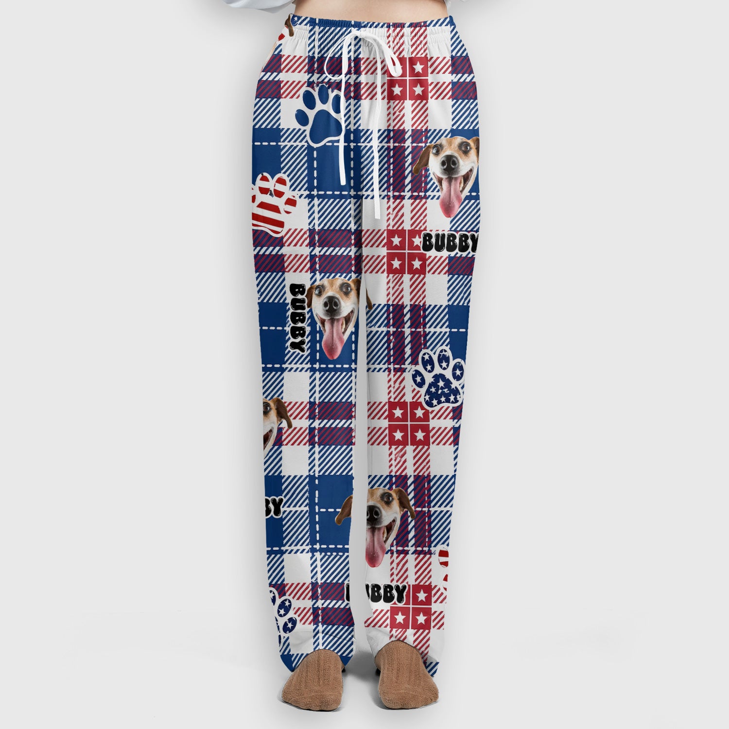 Custom Dog Face Scrub Set, Patriotic Dog Plaid Pattern Shirt, Scrub Pants and V Neck Top