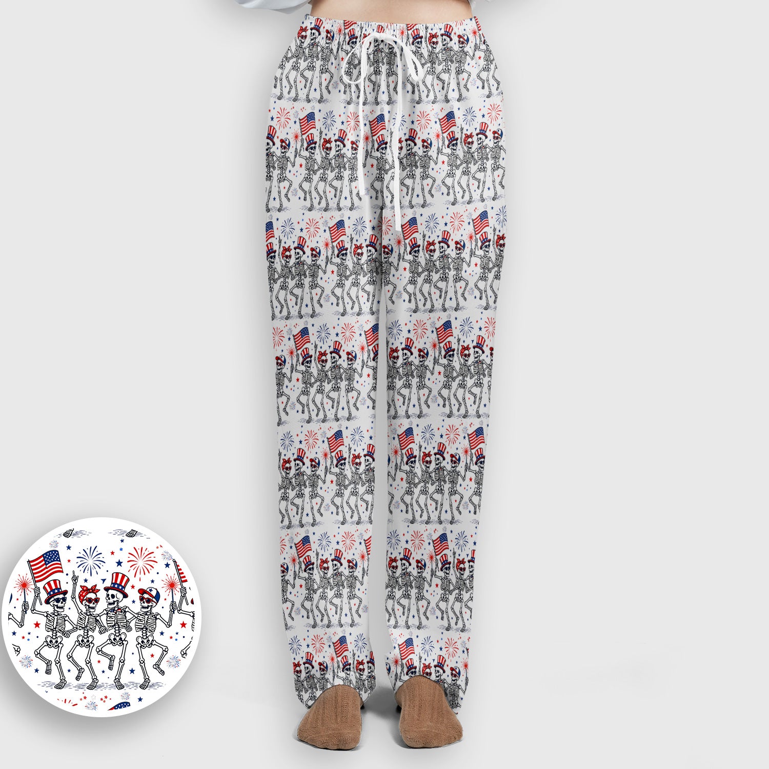 Funny Patriotic Skeleton Pattern, July 4 Medical Scrub Set, Scrub Pants and V Neck Top