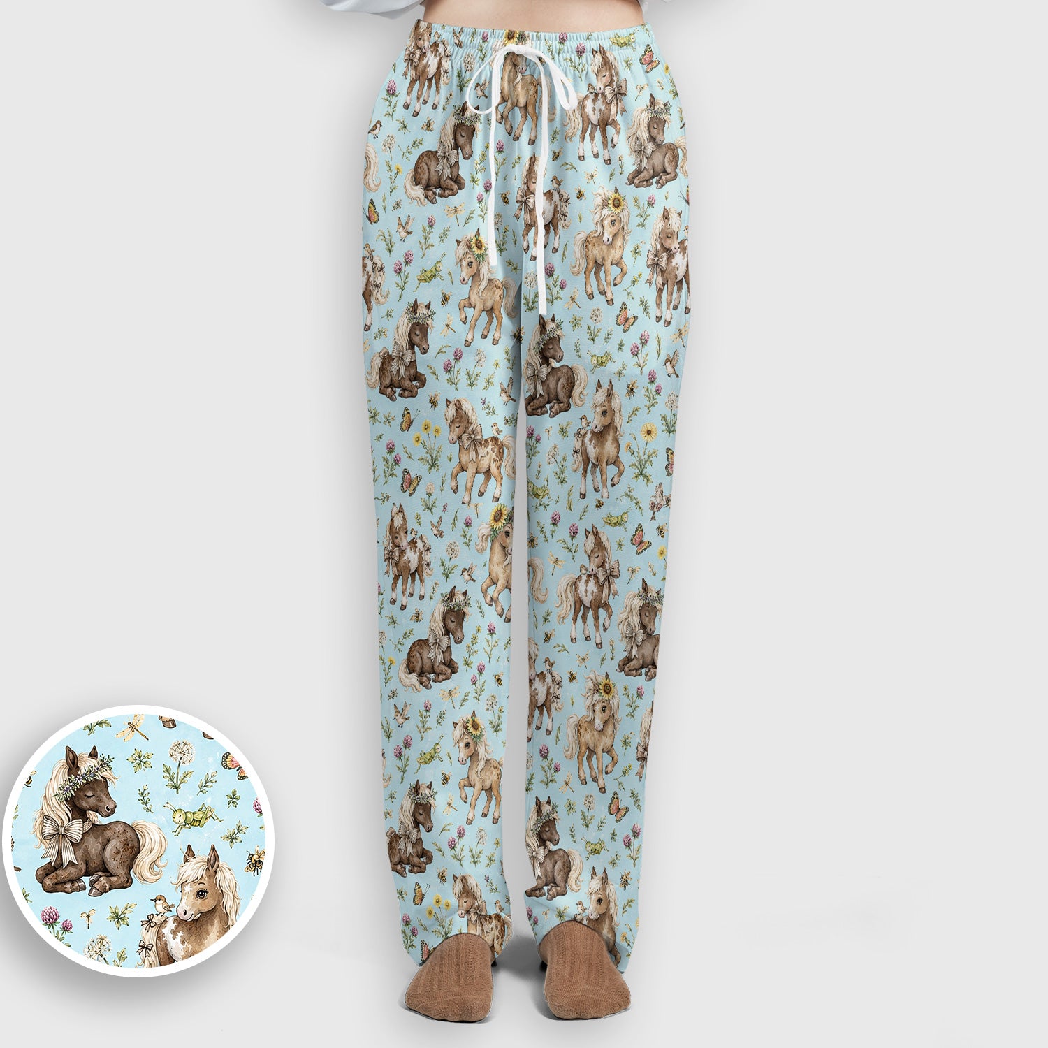 Cute Pony Garden with Butterfly Floral Meadow Print Scrub Set, Scrub Pants and V Neck Top