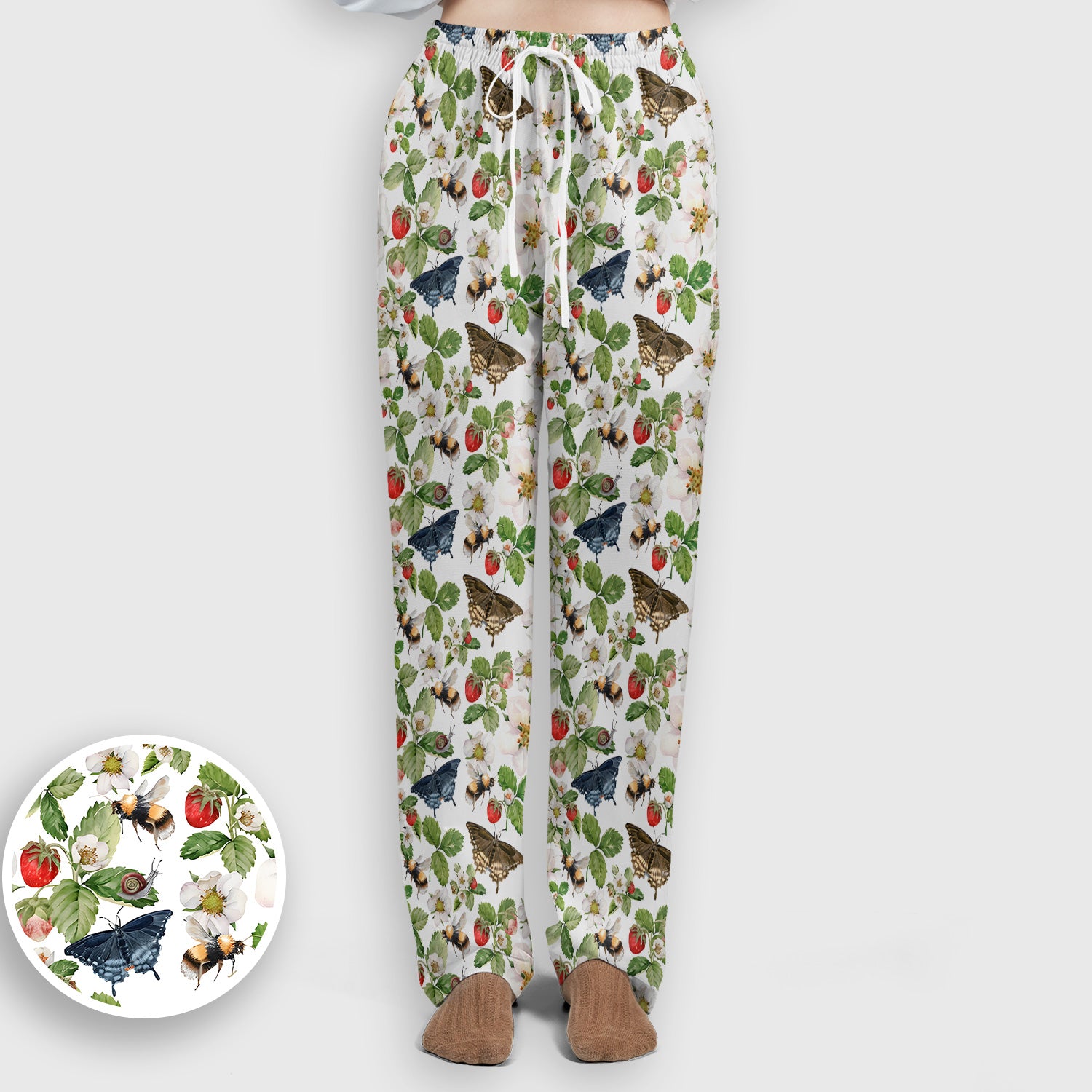 Charming Strawberry Butterfly Garden Pattern Scrub Set, Scrub Pants and V Neck Top