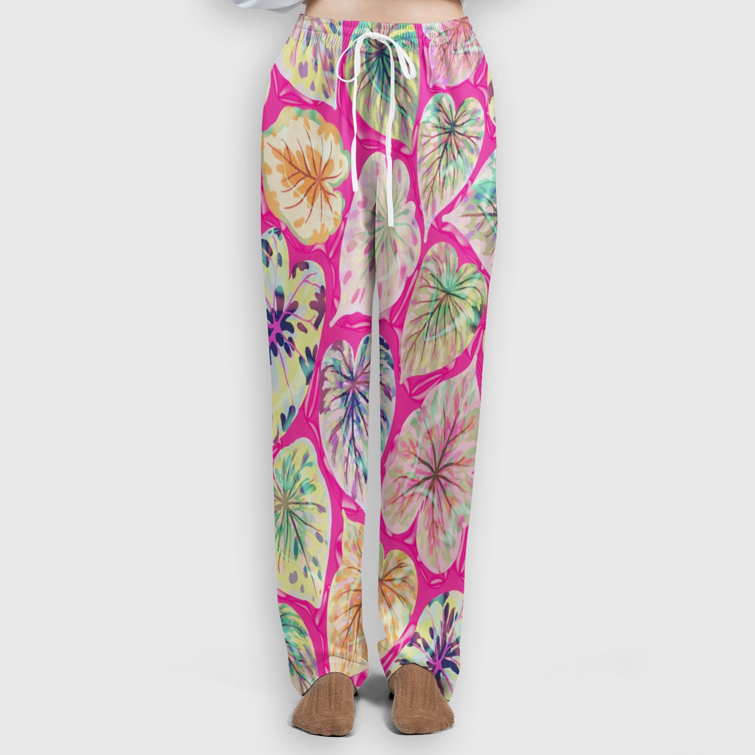 Tropical Colorful Shaped Leaf Nurse Pattern Scrub Set, Scrub Pants and V Neck Top