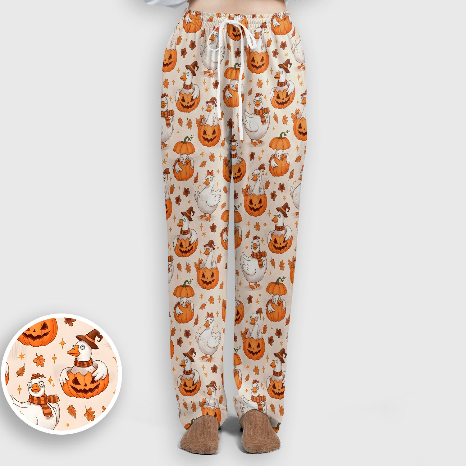 Cute Halloween Goose And Pumpkins Scrub Set, Scrub Pants and V Neck Top