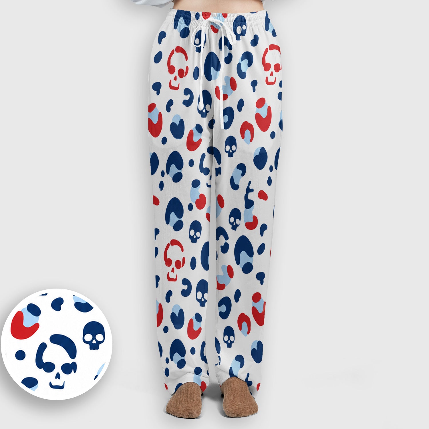 Red Blue Skull Leopard Pattern Scrub Set, Scrub Pants and V Neck Top