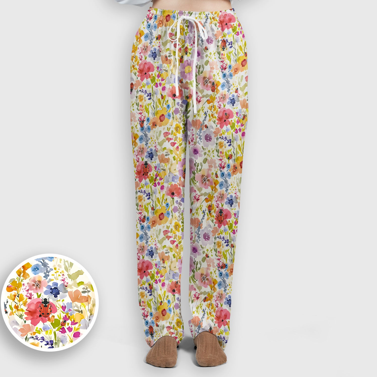 Cute Wildflower Ladybug Garden Pattern Scrub Set, Scrub Pants and V Neck Top